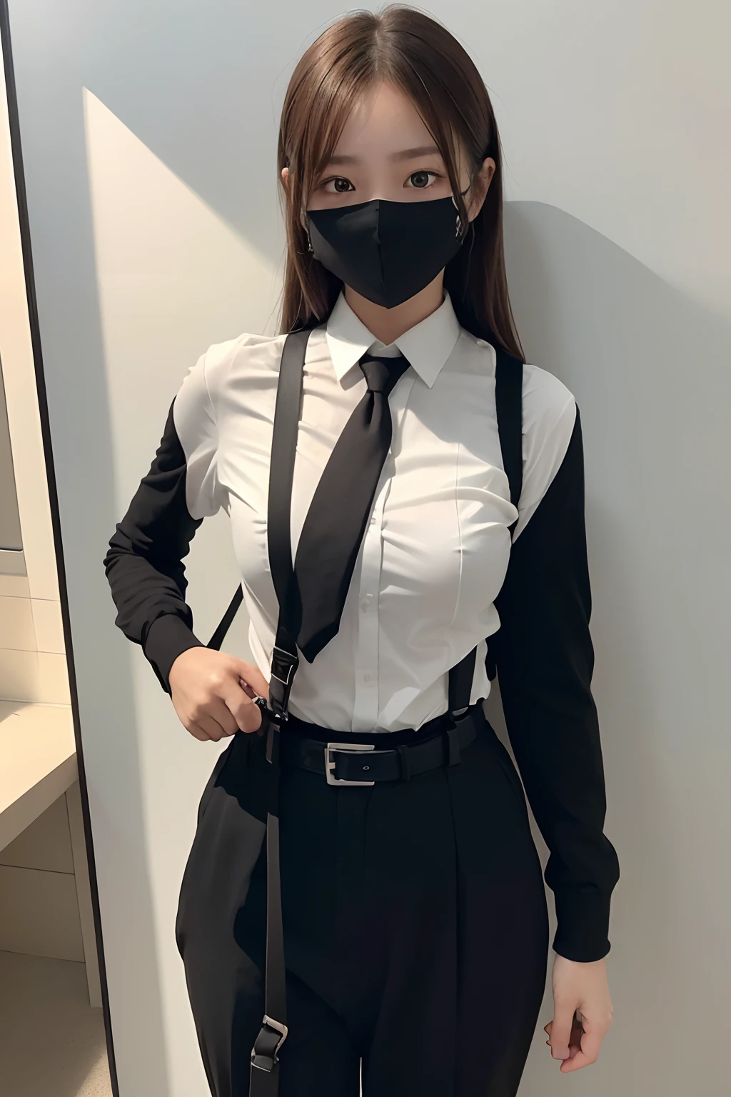 ​masterpiece、flat-colors、depth of fields、lens flare 1 girl、、Brown hair、watching at viewers　　　　a belt　black suspenders　Social OL　　　huge-breasted　　　 　 Armpit sweat　perspiring　Side of both hands　　walls: Black Suit　Black pants, Black jacket holster　arm　Leg holster　arm　Knife Carrying　arma　Gaze　　No tie　tiarra　No bangs　Small face　masks