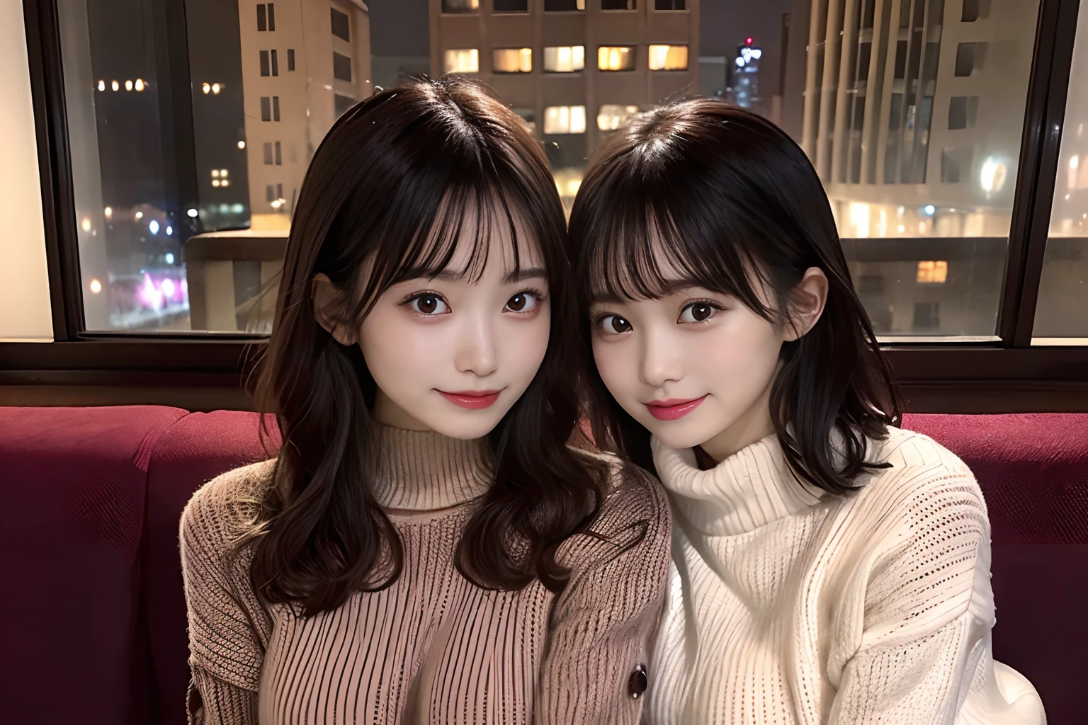 two womens(22year old、Height 145 cm、huge tit、g-cup、sexual excitement、hot、Wearing knitwear)Sitting on a sofa in an upscale hotel、In the background, you can see the night view from the upper floors