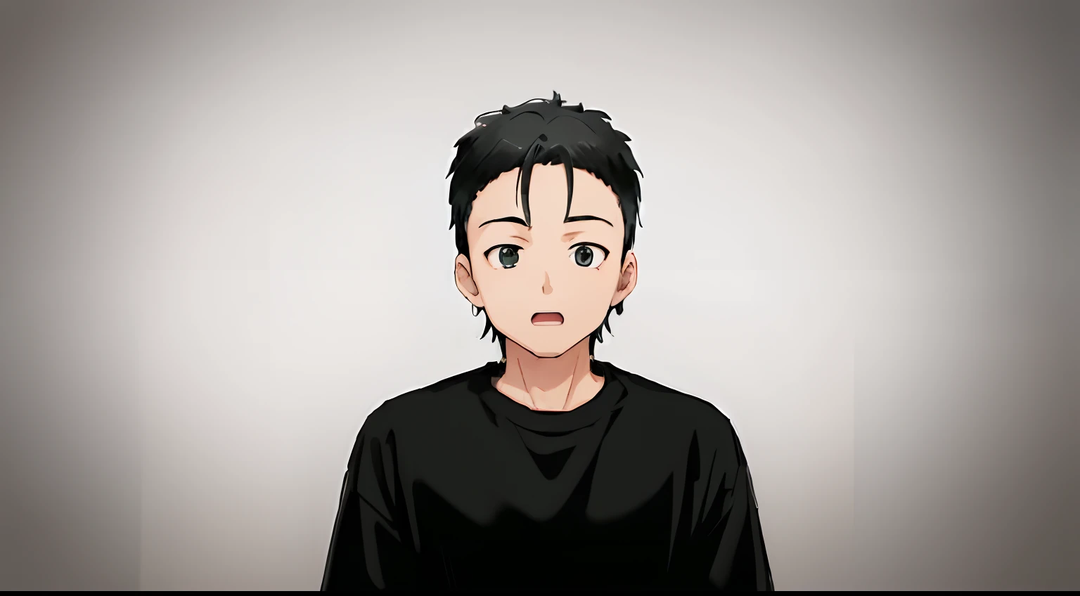 anime style boy, black hair, black jacket, grey t shirt, black eyes, simple background, green background, shocked expression