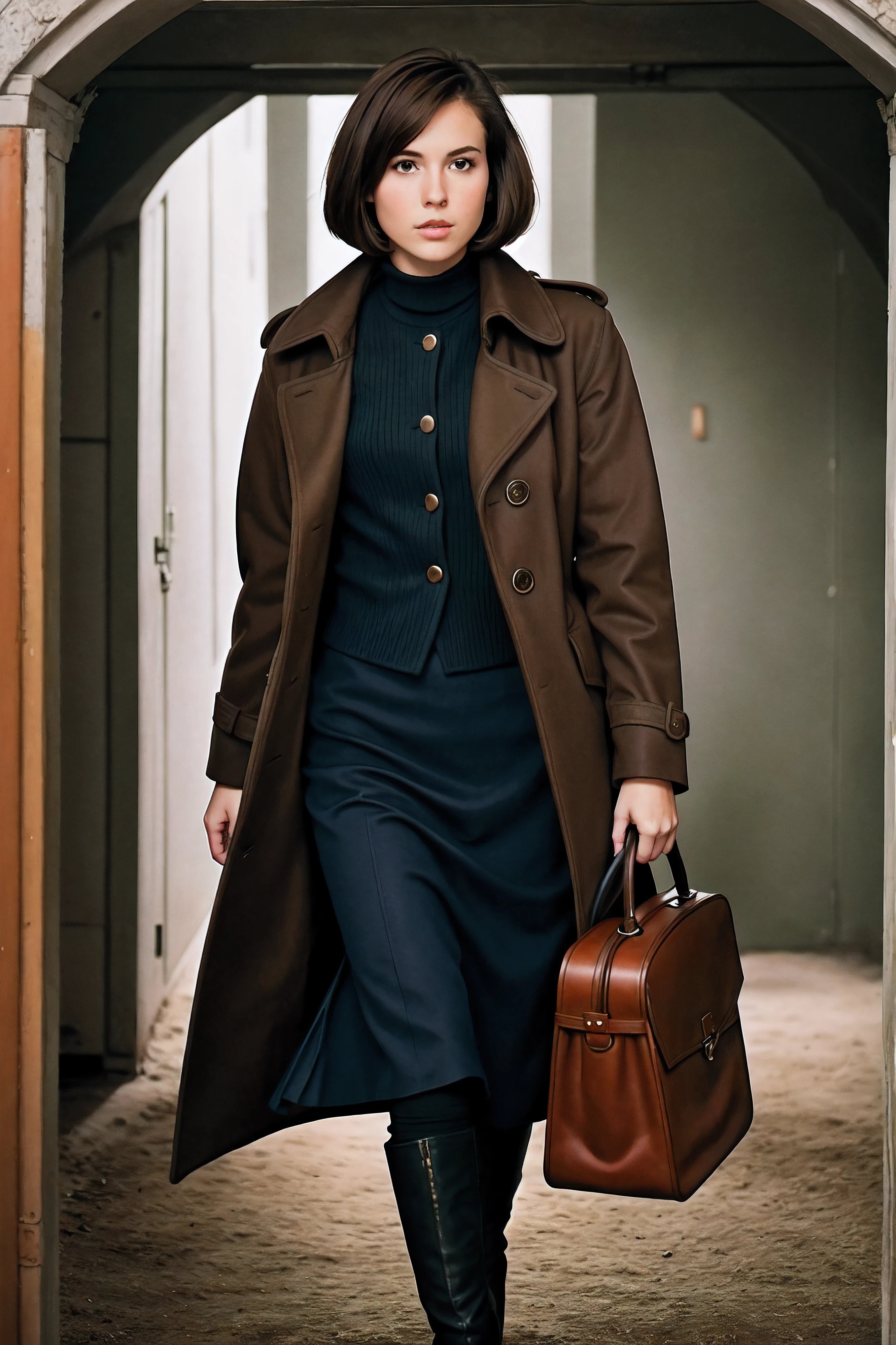 a woman,1girl,facing viewer,,wearing greatcoat,holding briefcase,indoors,in bunker,bob cut,dyed brown hair,cowboy shot