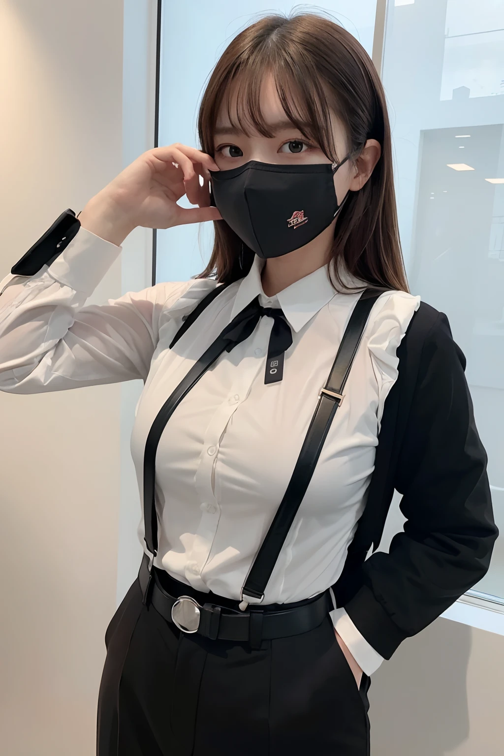 masterpiece、flat-colors、depth of fields、lens flare 1 girl、、Brown hair、watching at viewers a belt black suspenders Social OL huge-breasted Armpit sweat perspiring Side of both hands walls: Black Suit Black pants, Black jacket holster arm Leg holster arm Knife Carrying arma Gaze No tie tiarra No bangs Small face masks