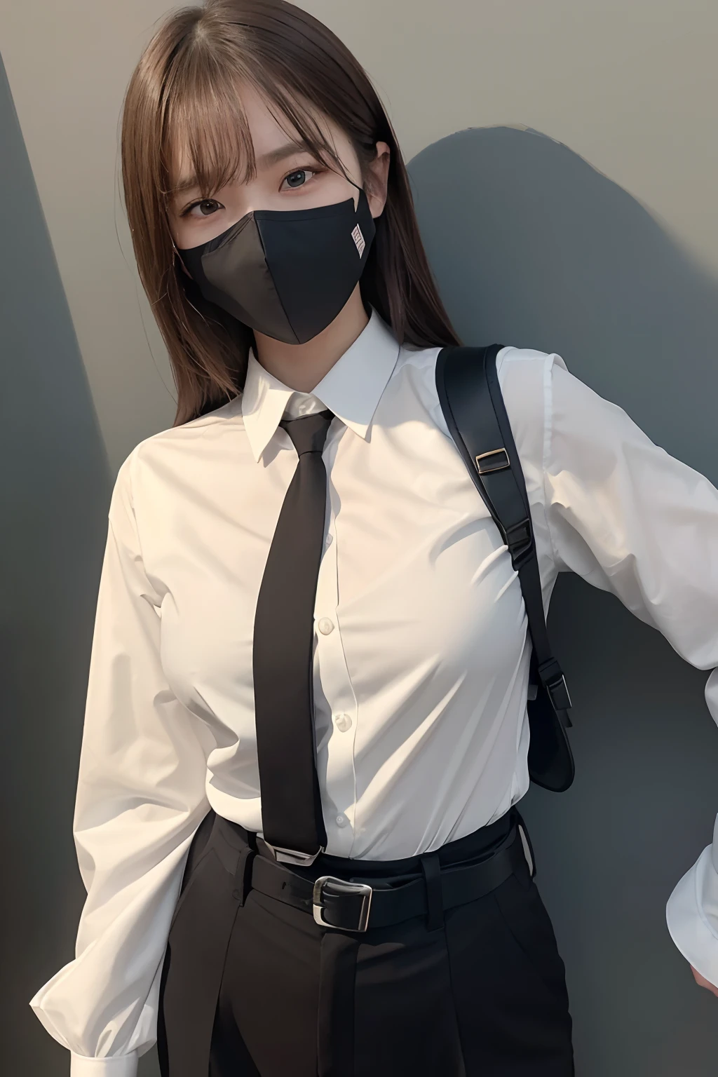 masterpiece、flat-colors、depth of fields、lens flare 1 girl、、Brown hair、watching at viewers a belt black suspenders Social OL huge-breasted Armpit sweat perspiring Side of both hands walls: Black Suit Black pants, Black jacket holster arm Leg holster arm Knife Carrying arma Gaze No tie tiarra No bangs Small face masks