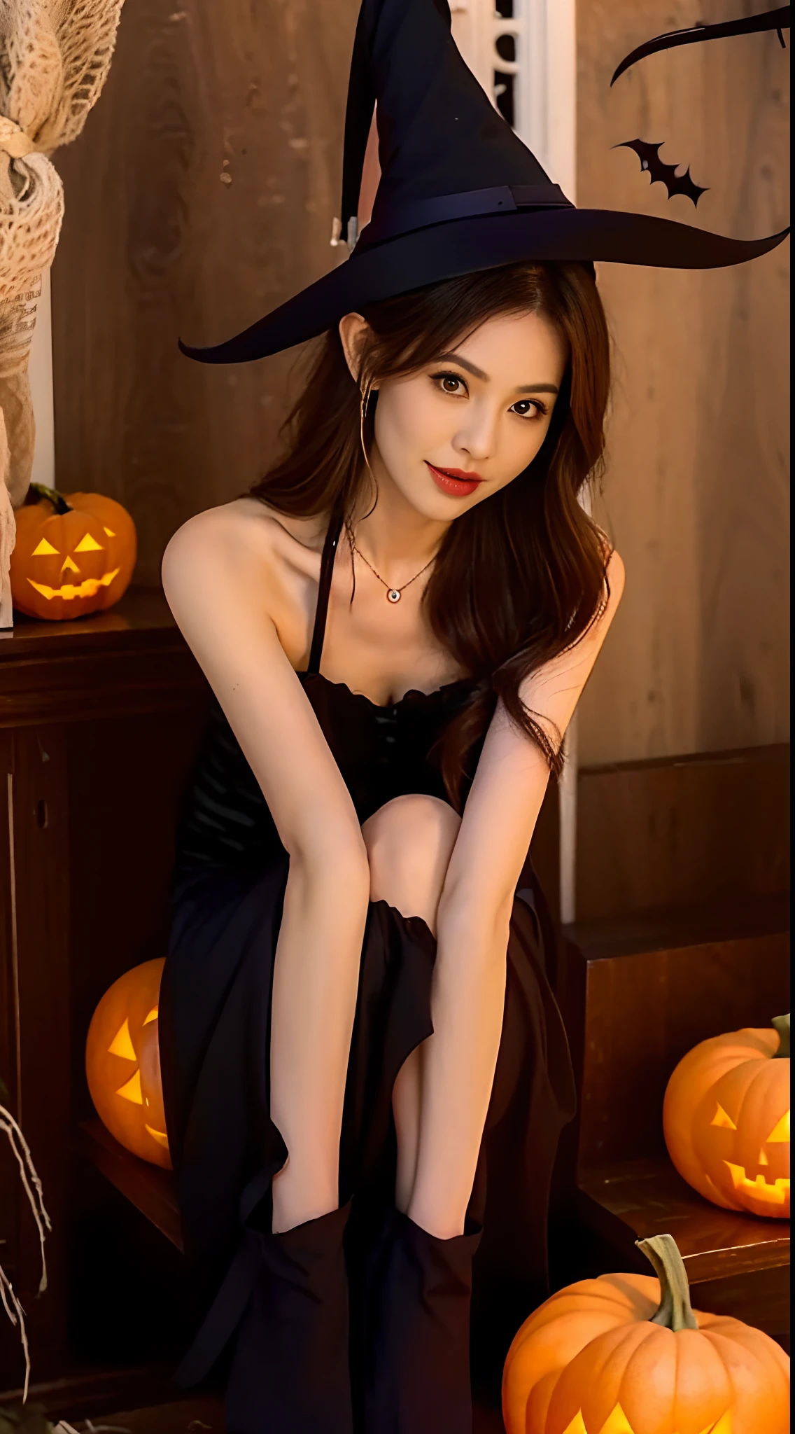 (A hyper-realistic), (illustratio), (hight resolution), (8K), (ighly detailed), (The best illustrations), (beatiful detailed eyes), (top-quality), (ultra-detailliert), (masterpiece), (detailed face), droopy eyes,full of sweat, full body, long hair,inner colored,solo,Girl in simple red Dress, huge tits, smile, moon light, high heel, lanter, halloween theme