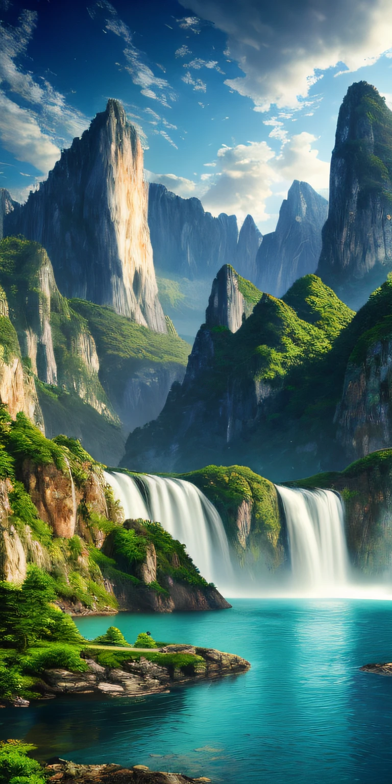 Masterpiece, best quality, high quality, extremely detailed CG unity 8k wallpaper, nature, tranquility, blue sky, clouds, mountains, trees, waterfalls, cliffs, lakes, rivers, cloudy sky, depth of field, HDR, realism, very detailed, intricate, high detail, dramatic, midway art.