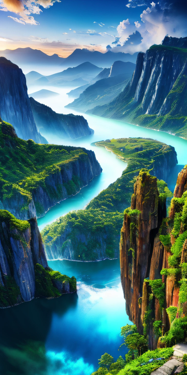 Masterpiece, best quality, high quality, extremely detailed CG unity 8k wallpaper, nature, tranquility, blue sky, clouds, mountains, trees, waterfalls, cliffs, lakes, rivers, cloudy sky, depth of field, HDR, realism, very detailed, intricate, high detail, dramatic, midway art.
