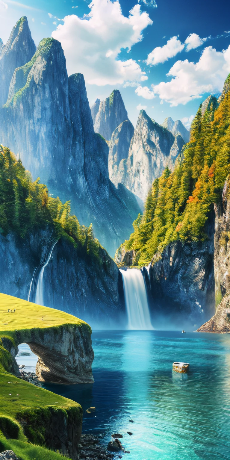 Masterpiece, best quality, high quality, extremely detailed CG unity 8k wallpaper, nature, tranquility, blue sky, clouds, mountains, trees, waterfalls, cliffs, lakes, rivers, cloudy sky, depth of field, HDR, realism, very detailed, intricate, high detail, dramatic, midway art.
