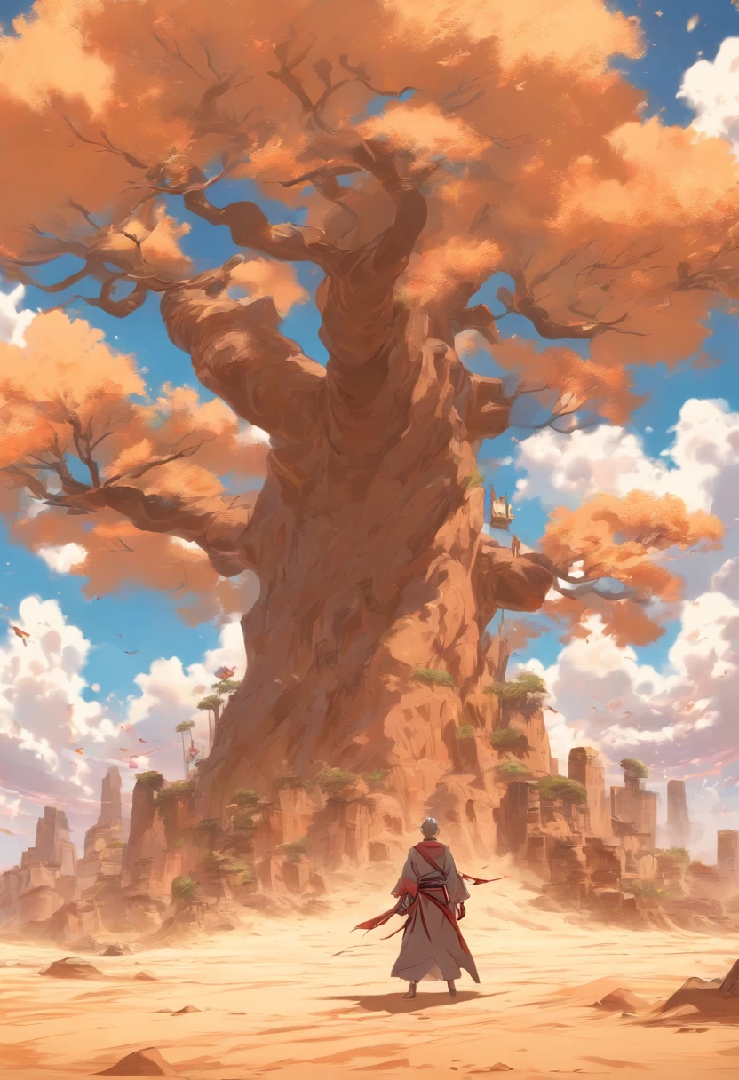 Martial arts scenes,desert,Heights,pub,Look up at the perspective,Sand,dead tree,Rochas,clouds