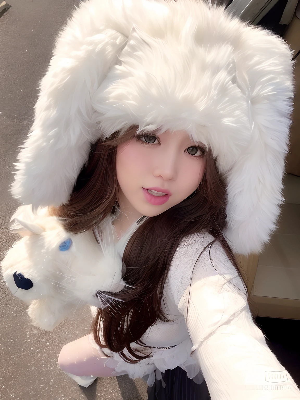 Muchacha con un sombrero blanco sosteniendo un oso de peluche blanco, con orejas de conejo largas y flexibles, ulzzang, con grandes orejas de conejo, Sakimichan, dilraba dilmurat, Dulce conejita ultrarrealista, con orejas de conejo, con un lindo sombrero, con pelaje blanco y esponjoso, Orejas de zorro blanco, Hermosa Delphine, con orejas de conejo