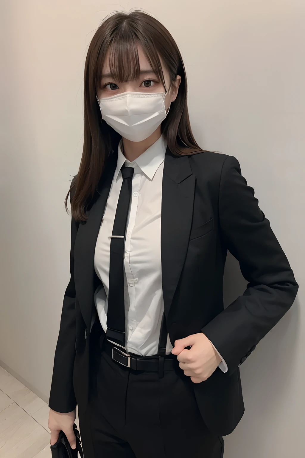 masterpiece、flat-colors、depth of fields、lens flare 1 girl、、Brown hair、watching at viewers a belt black suspenders Social OL huge-breasted Armpit sweat perspiring Side of both hands walls: Black Suit Black pants, Black jacket holster arm Leg holster arm Knife Carrying arma Gaze No tie tiarra No bangs Small face masks