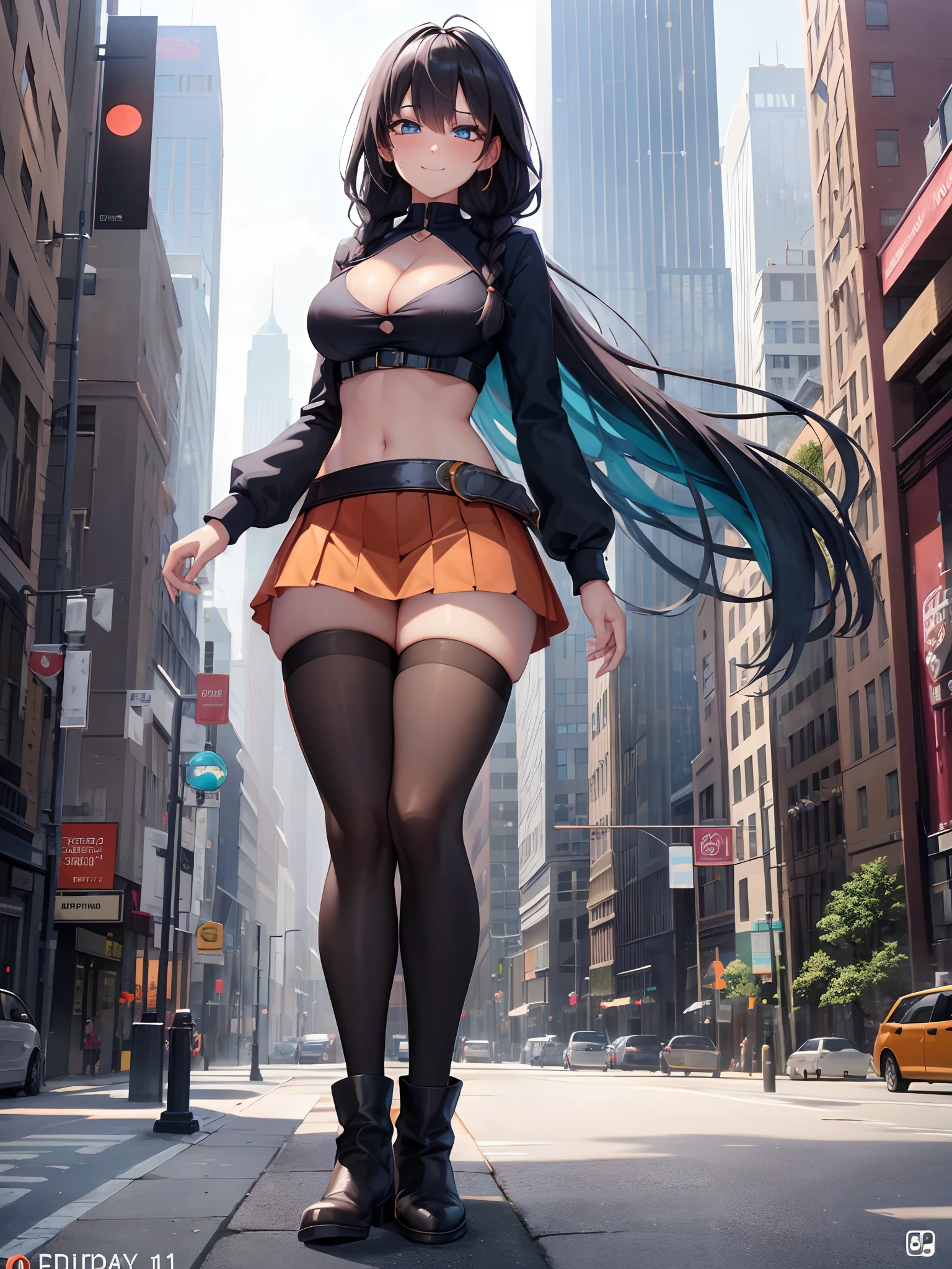 (masterpiece), best quality, (Highly Detailed CG Unity 8k wallpaper), Detailed background, city landscape, skyline, (Hands by Guido Daniele: 0.5), First person perspective, 1, Beautiful human girl who is attractive and perfect, ager, (long turquoise hair), (curvaceous), (hourglass figure), (goku gi crop top) , (blue waist sash), ((black thigh high socks)), (navel), (orange pleated skirt), (seductive standing legs crossed sexy), legs crossed, slender legs (UGG boots), (white thighs: 1.12), side angle full body view, (elegant medium long hair with:1.12), (hair braids), (turquoise eyes: 1.13), Look at the viewer, big, ((cleavage)), SFW, beautiful face, (Blush: 0.90), (Smile: 1.11)expressive eyes, perfect face, medium breasts,