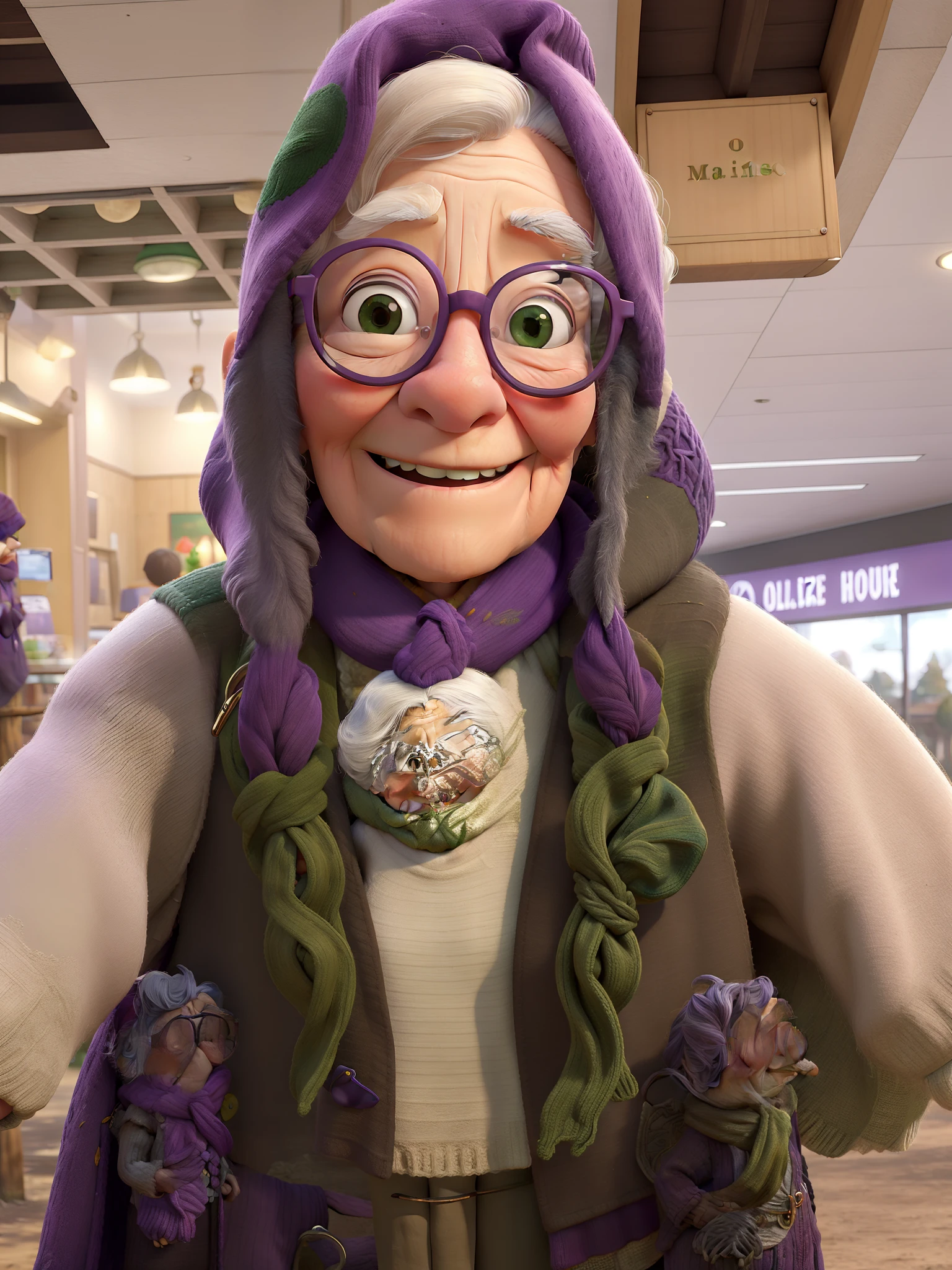 masterpiece, best quality, an old woman with glasses and a scarf on, wearing a purple coat and green scarf, standing at the park