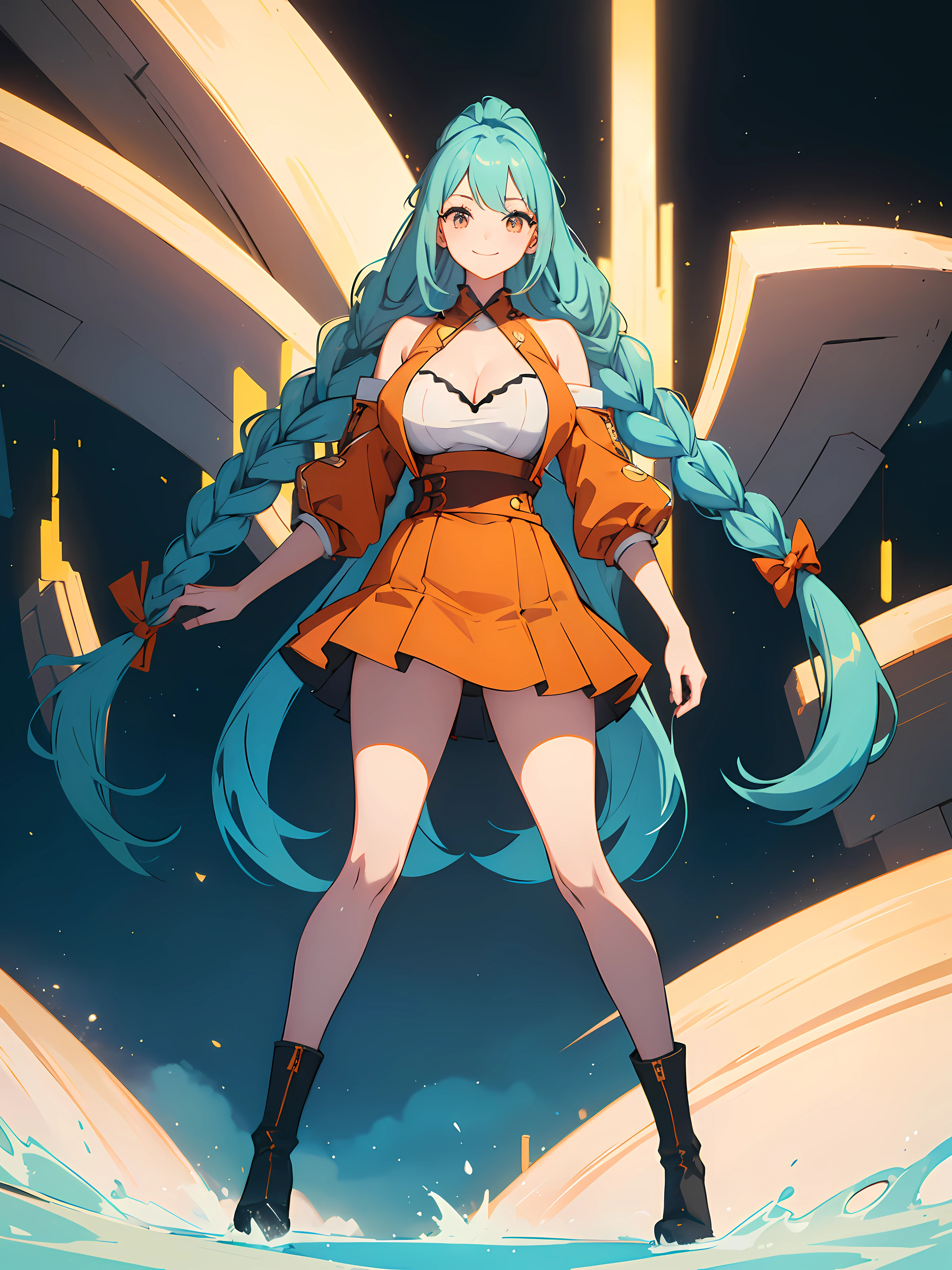 (masterpiece), best quality, (Highly Detailed CG Unity 8k wallpaper), Detailed background, city landscape, skyline,   (Hands by Guido Daniele: 0.5), First person perspective, 1, Beautiful human girl who is attractive and perfect, teenager,  (long turquoise hair), (curvaceous), (hourglass figure), (goku gi crop top) , (blue waist sash), ((black thigh high socks)),   (navel), (orange pleated skirt), (seductive standing legs crossed sexy), legs crossed, slender legs (UGG boots), (white thighs: 1.12),  side angle full body view, (elegant medium long hair with:1.12), (hair braids), (turquoise eyes: 1.13), Look at the viewer, big, ((cleavage)), SFW, beautiful face, (Blush: 0.90), (Smile: 1.11)expressive eyes, perfect face, large breasts,