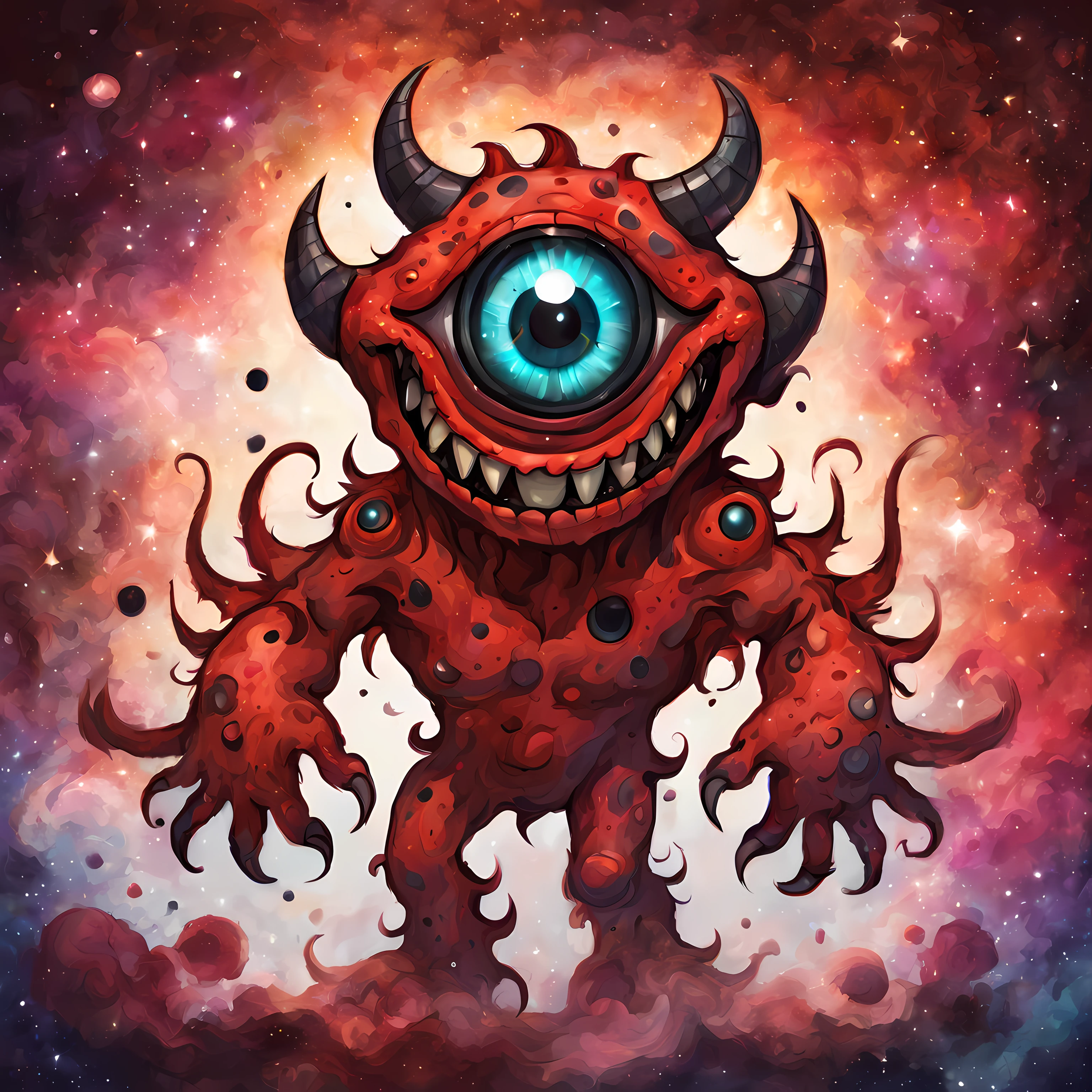 ((epic electrical mechanical demonic)) cute monster spinning, red skin, black spots, 2 arms, (1 eye stock:1.3), 6 teeth, sticking tongue out, drawing, illustration, (((breathtaking cosmic background))) make this an anime