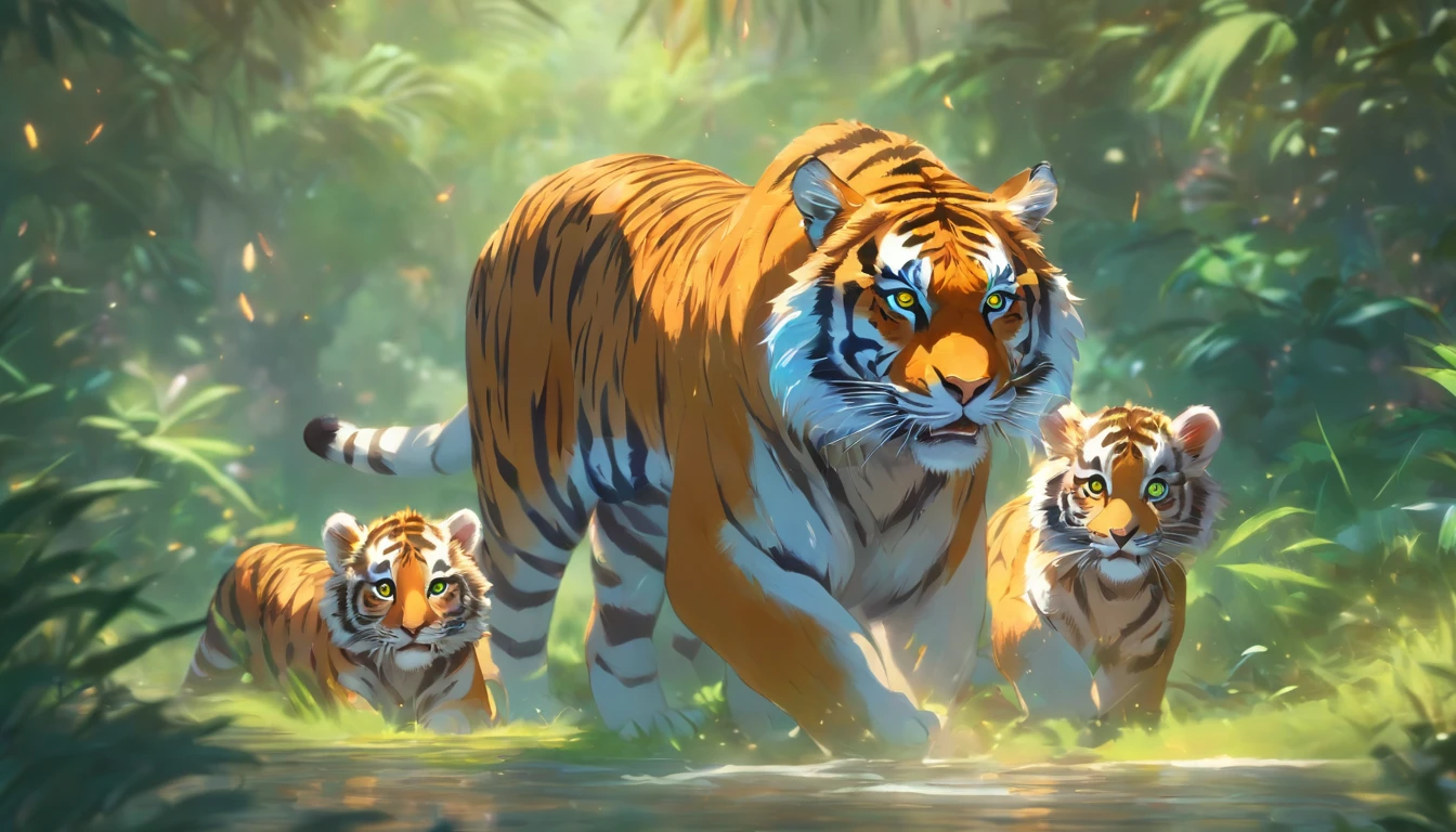 best quality,4k,8k,highres,masterpiece:1.2,ultra-detailed,realistic:1.37,tiger family with cubs,oil painting,portraits,vibrant colors,soft lighting,emerald green eyes,detailed fur textures,playful cubs,carefully painted stripes,lush green jungle background,majestic and powerful,black and orange contrast,Siberian tiger,deep shadows,graceful movements,splashes of sunlight,expressive facial features,mother's protective gaze,lively atmosphere,growing bonds of family,subtle blending of colors,striking composition,breathtaking details,hidden hints of wildlife conservation,attention to anatomy and proportion