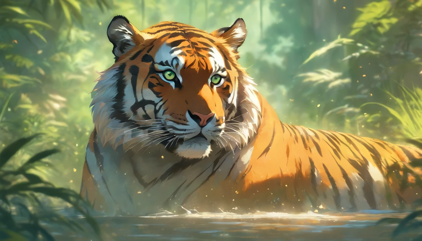 best quality,4k,8k,highres,masterpiece:1.2,ultra-detailed,realistic:1.37,tiger family with cubs,oil painting,portraits,vibrant colors,soft lighting,emerald green eyes,detailed fur textures,playful cubs,carefully painted stripes,lush green jungle background,majestic and powerful,black and orange contrast,Siberian tiger,deep shadows,graceful movements,splashes of sunlight,expressive facial features,mother's protective gaze,lively atmosphere,growing bonds of family,subtle blending of colors,striking composition,breathtaking details,hidden hints of wildlife conservation,attention to anatomy and proportion