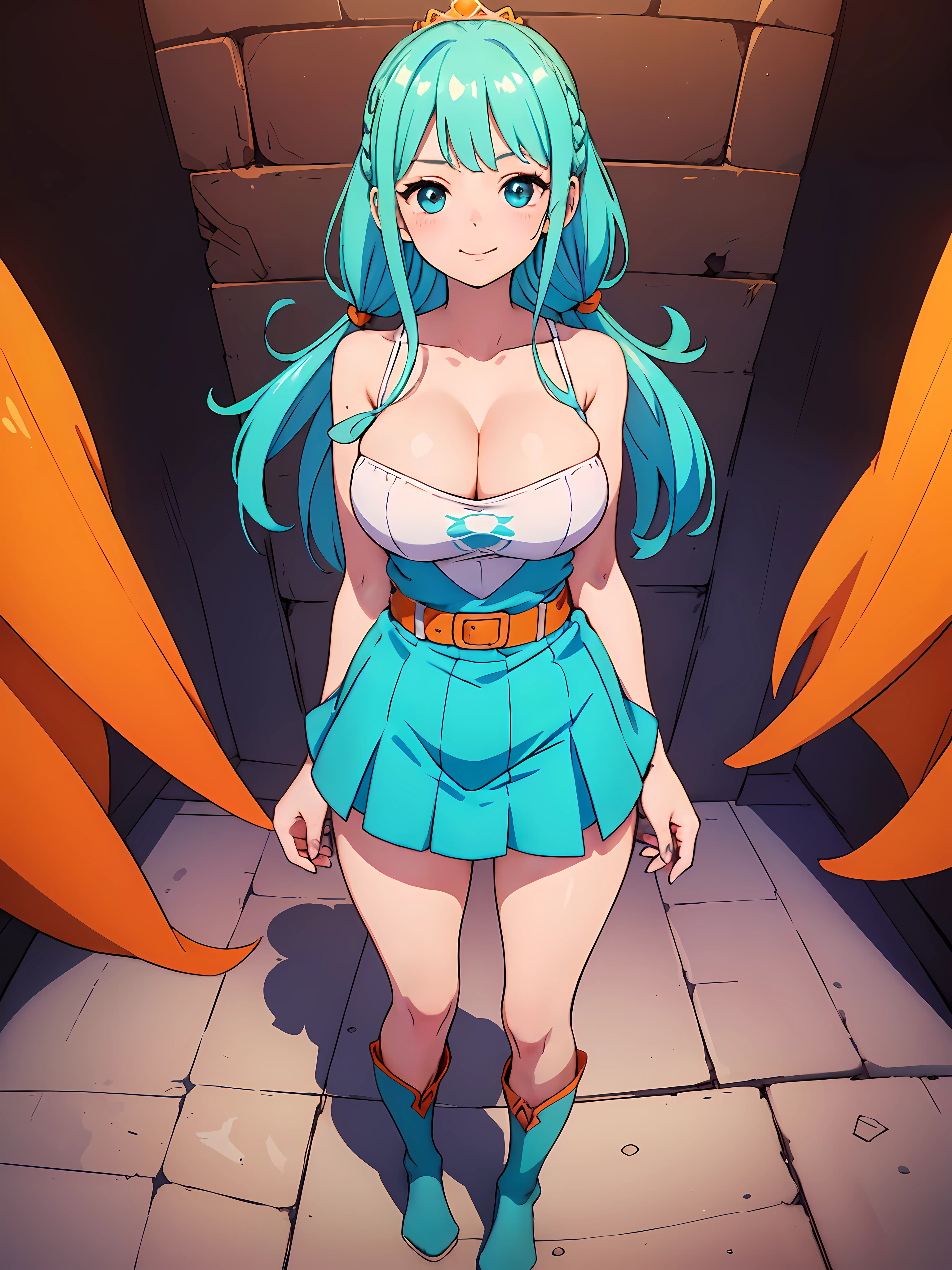 (masterpiece), best quality, (Highly Detailed CG Unity 8k wallpaper), Detailed background, (Hands by Guido Daniele: 0.5), First person perspective, 1, Beautiful human girl who is attractive and perfect, teenager,  (long turquoise hair), (curvaceous), (goku gi top) , (blue belt), (black thigh high socks)  (tight orange miniskirt), (seductive standing legs sexy), slender legs (UGG boots), (white thighs: 1.12), angle full body view, (princess style medium hair:1.12), hair braids, (turquoise eyes: 1.13), Look at the viewer, big, ((cleavage)),NSFW, beautiful face, (Blush: 0.90), (Smile: 1.11)expressive eyes, perfect face, medium breasts,