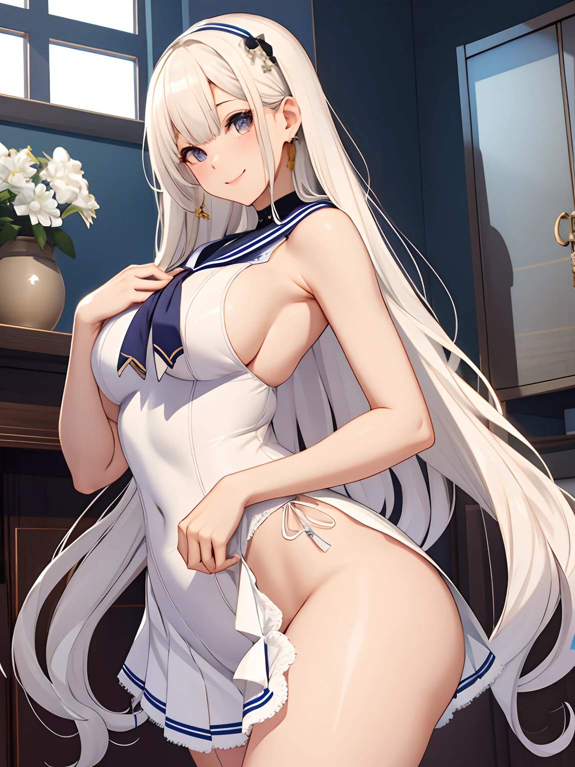 top-quality、realistic touch,high-detail、 Erotic sailor suit、High school students、Long body、Sheer costumes、skirts that are too short、Not wearing underwear、big eye、long lashes、Long upper eyelashes、platinum-blonde、cute little、Beautie、A sexy、darkened room、full body Esbian、Sparkling eyes、Submissive smile、Flushed cheeks、Kamimei、Big buttocks、thin-waist、Sleeveless、visible from the side、Sexy armpits、Voluptuous thighs、Enraptured look
