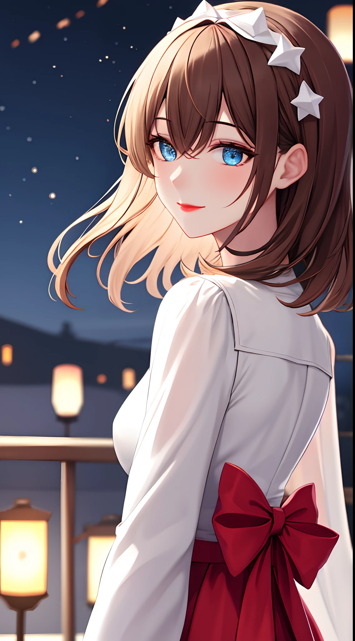 (Extremely delicate and beautiful:1.2),1girll, bangs, Blue eyes, Blurry, The background is blurred out, bow, Brown hair, Closed mouth, From the side Side, hair between eye, Hair accessories hair bye, lantern, Light particles, Long sleeves, view the viewer, Medium hair, Night, Red bow, Solo, Star \(symbol\), Upper body,Smile,Red lips
