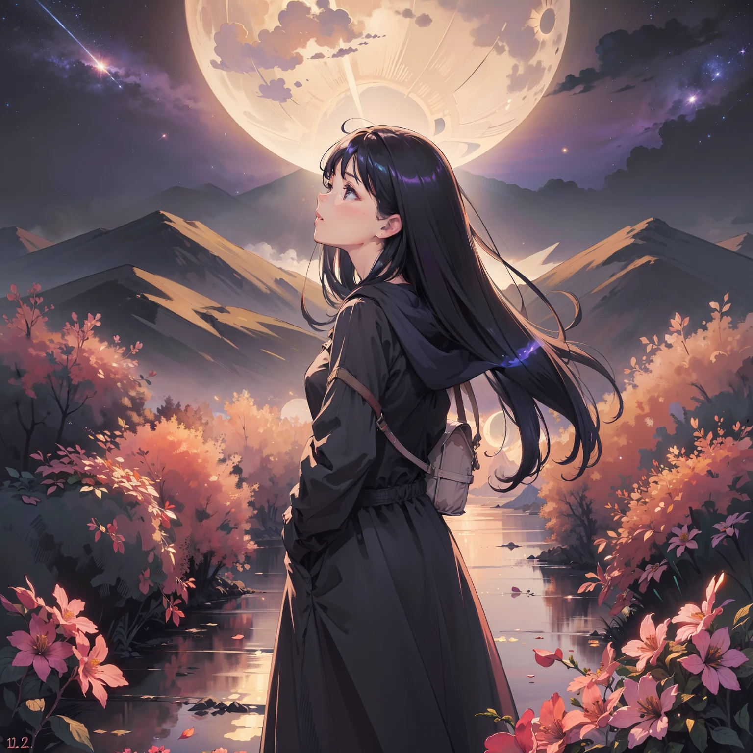 expansive landscape photography, (a bottom view showing the sky above and open country below), a girl standing in a field of flowers looking up, (full moon: 1.2), (shooting stars: 0.9), (nebula : 1.3), distant mountain, BREAK tree production art, (warm light source: 1.2), (Firefly: 1.2), lamp, lots of purple and orange, intricate details, volumetric lighting, BREAK realism (masterpiece: 1.2) , (best quality), 4k, ultra-detailed, (dynamic compositing: 1.4), highly detailed, colorful details, (iridescent colors: 1.2), (bright lighting, atmospheric lighting), dreamy, magical, (solo: 1.2)
