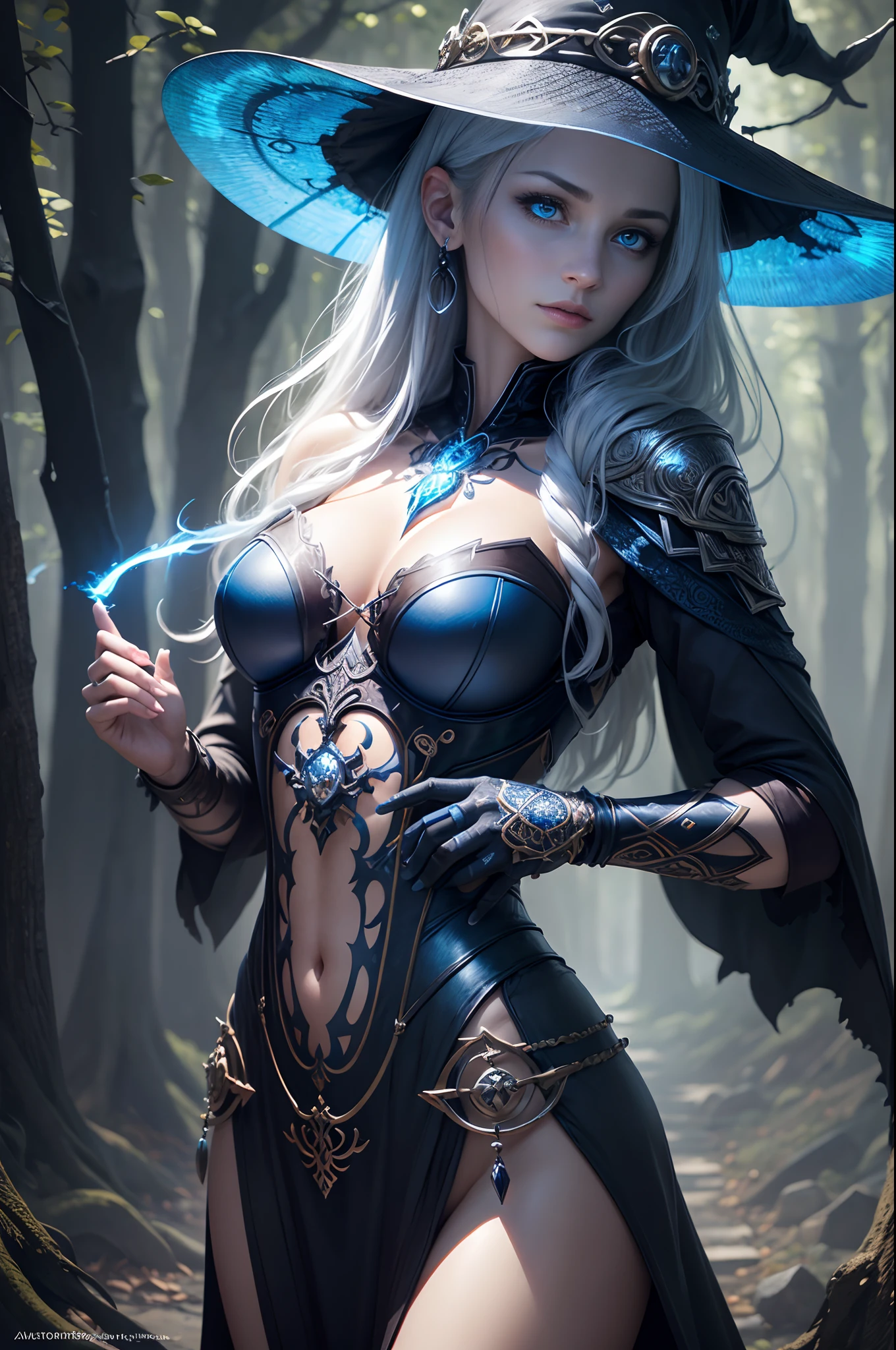 ((Best Quality)), ((masutepiece)), ((Realistic)), Celtic witch, Witch, artistic anatomic hands, Artistic anatomy, Glowing blue eyes, Female face, , Trending on ArtStation, Sharp Focus, studio photo, Intricate details, Very detailed, Detailed eyes, Illustration, Very detailed, Sharp Focus, a digital rendering, Professional, 8K Beautiful expression 超A high resolution real looking skin Colorful effect of the magic circle behind you,in woods,Super beauty(Jaws like the real thing)
