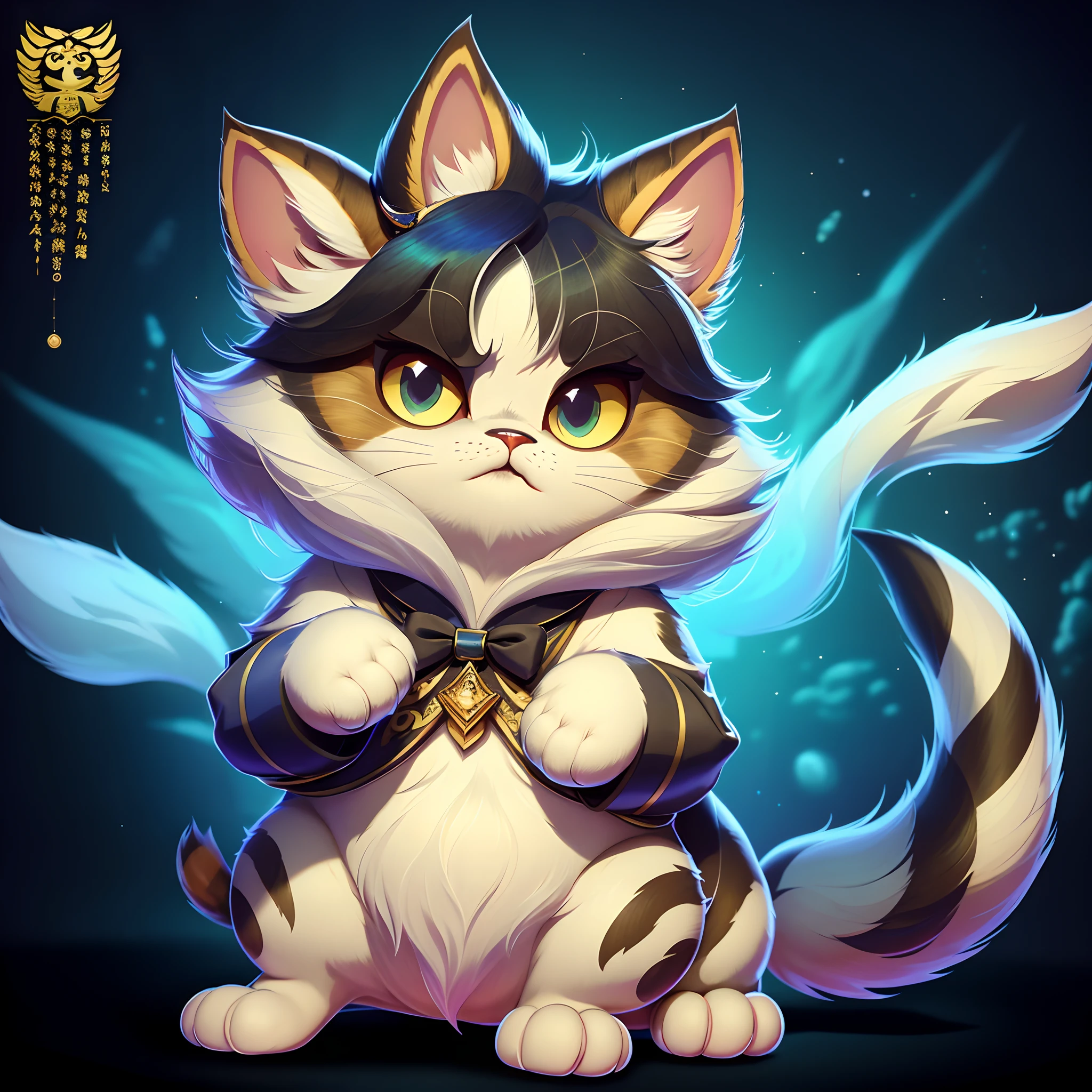 This Peking Opera cat is a typical Chinese cat,The fur is fluffy and soft,is carefully combed,It has gorgeous markings in black and white。It stands on the gorgeous stage of Peking Opera,Limbs are athletic,The cat's eyes shimmer with wit。It wears a small crown on its head,It appears solemn and mysterious。