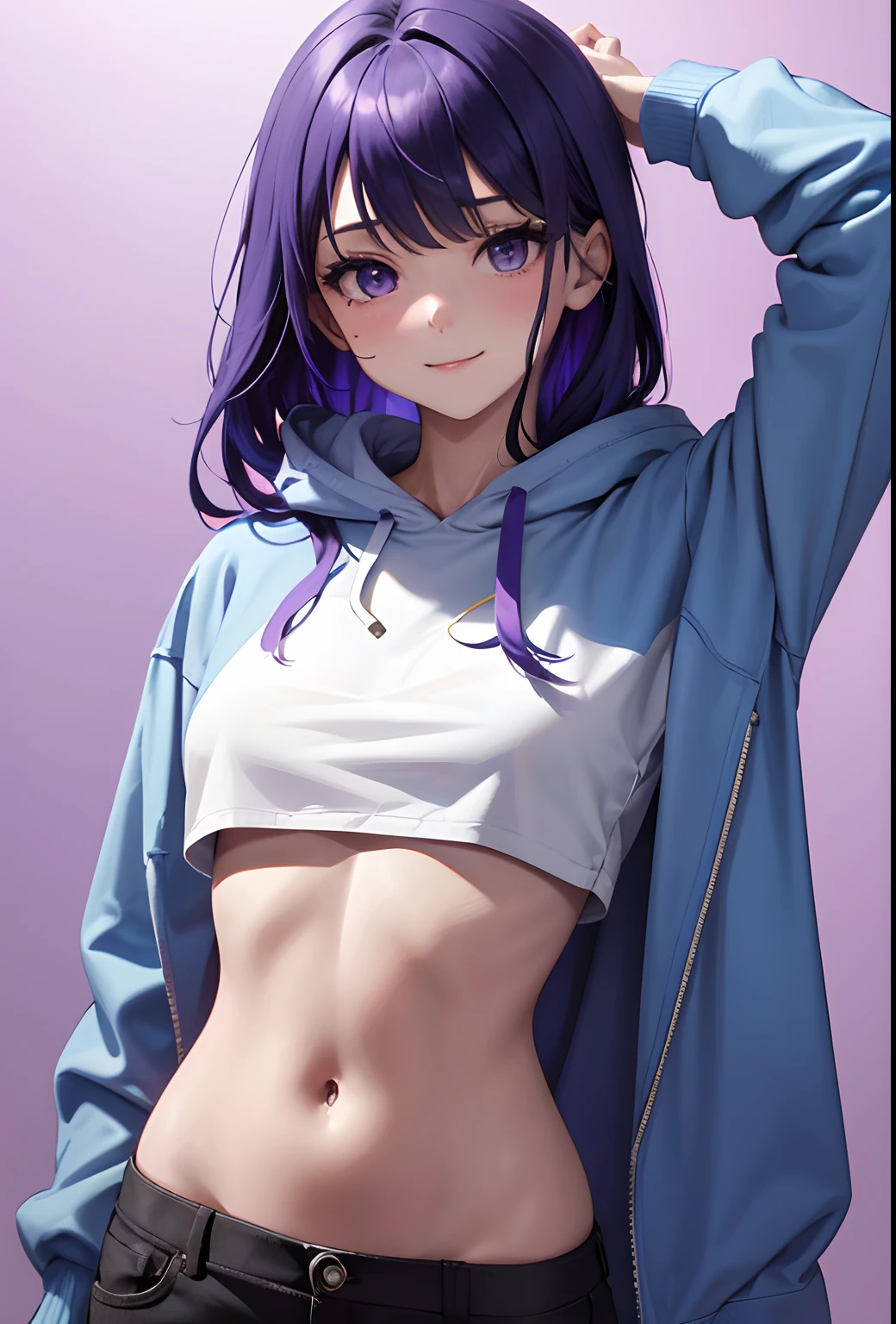 Masterpiece, 1girll, Solo, highlights in the eyes, Smile, Blue hoodie, White T-shirt, purple and blue two-tone hair, purple back of hair, Disheveled hair, stylish simple background, Sexy, 8K, Belly button, Slim, Beautiful skin,