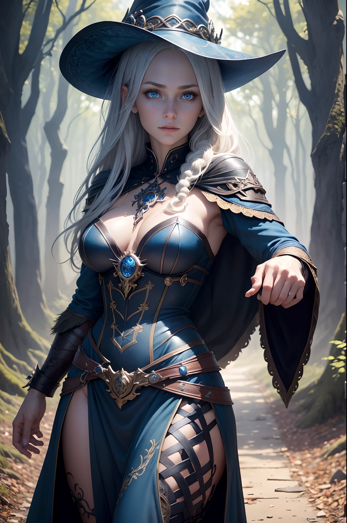 ((Best Quality)), ((masutepiece)), ((Realistic)), Celtic witch, Witch, artistic anatomic hands, Artistic anatomy, Glowing blue eyes, Female face, , Trending on ArtStation, Sharp Focus, studio photo, Intricate details, Very detailed, Detailed eyes, Illustration, Very detailed, Sharp Focus, a digital rendering, Professional, 8K Beautiful expression 超A high resolution real looking skin Colorful effect of the magic circle behind you,in woods,Super beauty(Jaws like the real thing)