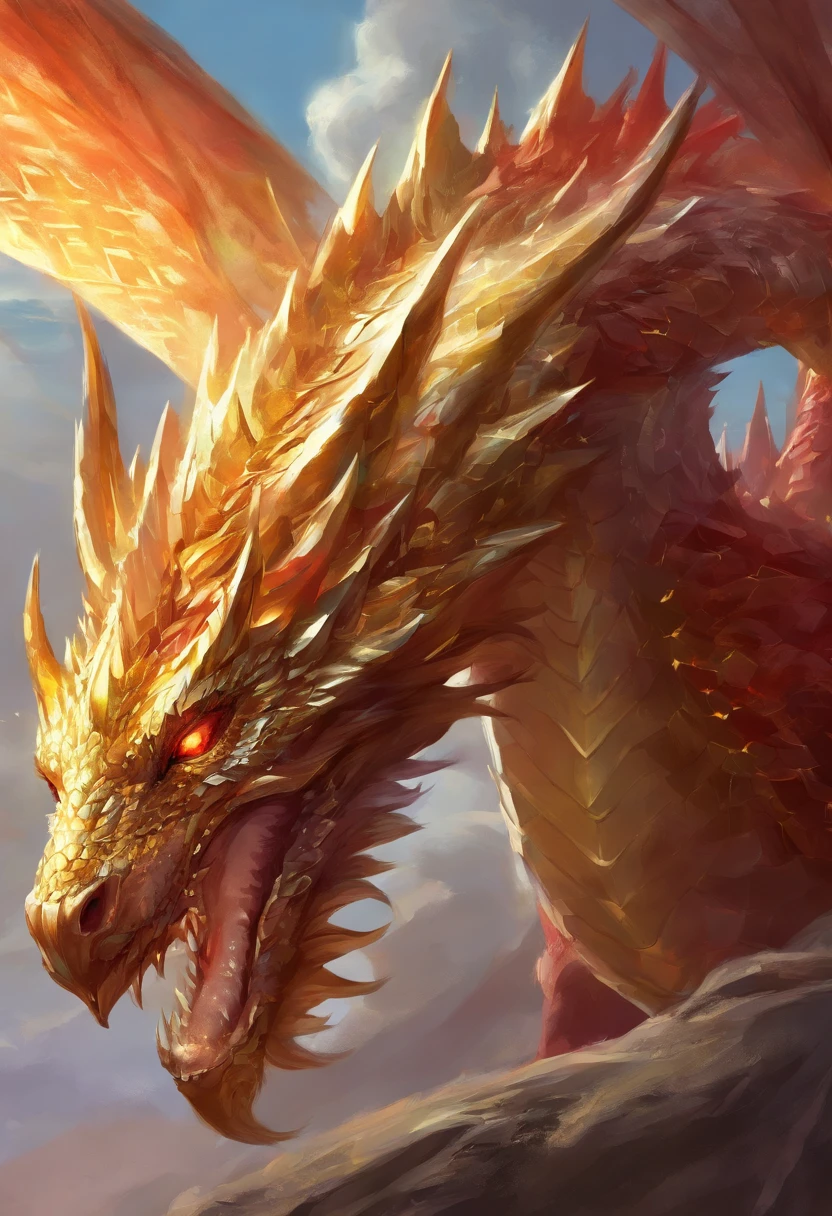 A metallic wyvern, gold wyrm, metallic dragon, Red gemstone spikes, jeweled wings