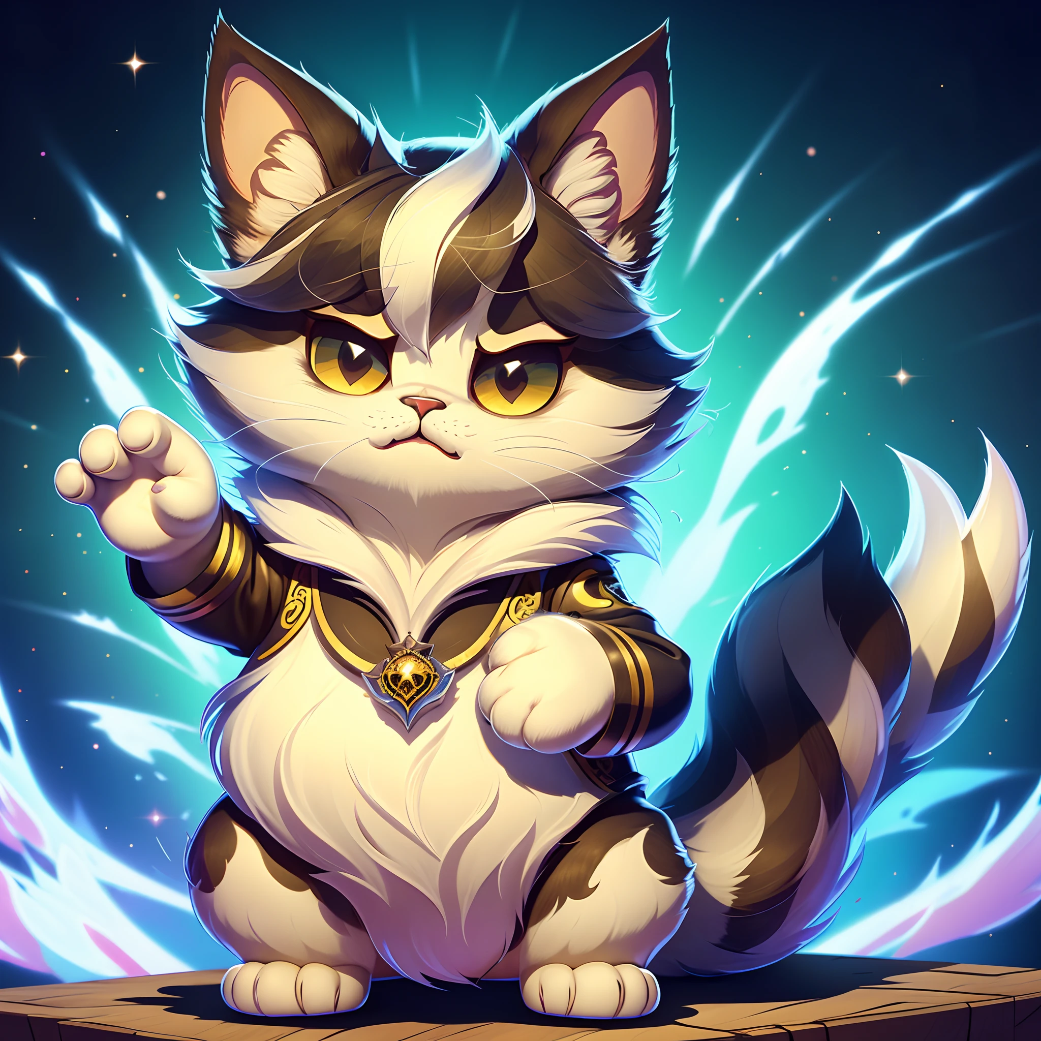 This Peking Opera cat is a typical Chinese cat,The fur is fluffy and soft,is carefully combed,It has gorgeous markings in black and white。It stands on the gorgeous stage of Peking Opera,Limbs are athletic,The cat's eyes shimmer with wit。It wears a small crown on its head,It appears solemn and mysterious。