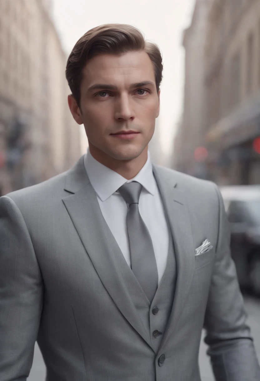 Third-person perspective, video game, concept art of unbelievable spies., Wear a gray suit.. Stand in broad daylight on the busy city streets of 2035.. Depth of Field. very realistic.