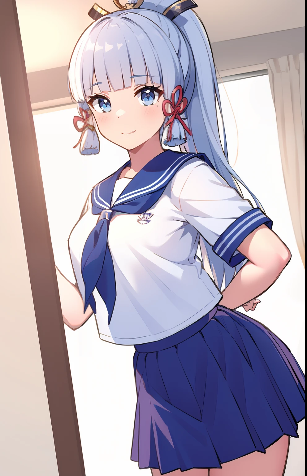 (masterpiece, best quality, ultra-detailed, illustration),genshin impact, kamisato, 1girl,solo,ayaka hair ornament,cowboy shot,ponytail, blunt bangs,blue eyes, smile, closed mouth, eyebrows visible through hair, long hair, silver hair, looking at viewer, indoors,medium breasts,school uniform, serafuku, sailor collar, pleated skirt,