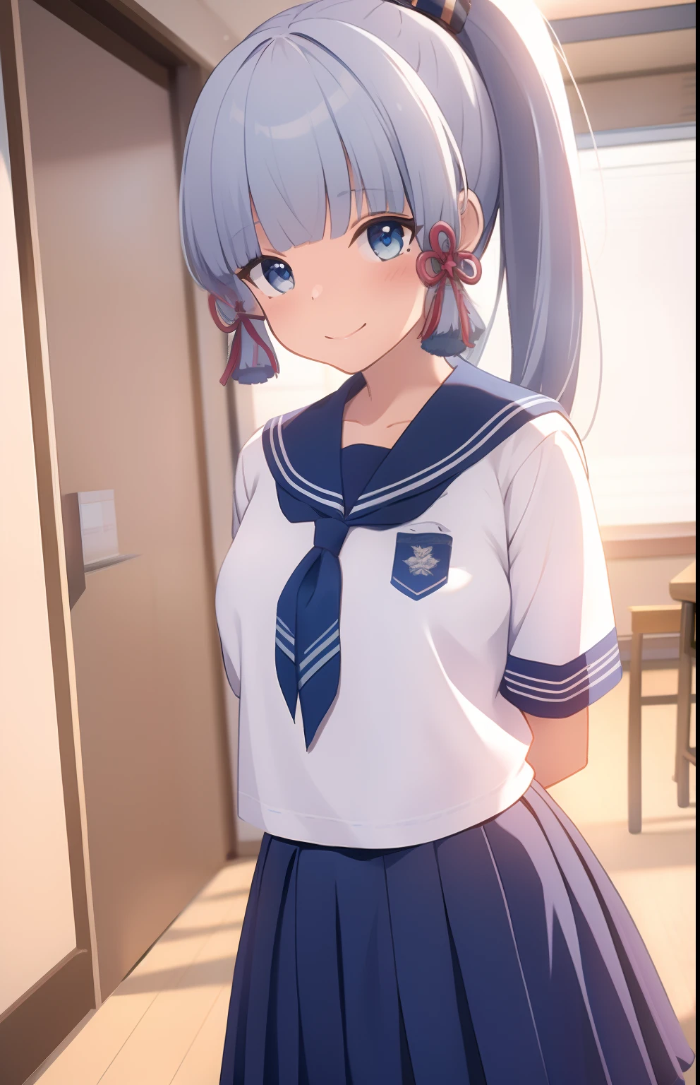 (masterpiece, best quality, ultra-detailed, illustration),genshin impact, kamisato, 1girl,solo,ayaka hair ornament,cowboy shot,ponytail, blunt bangs,blue eyes, smile, closed mouth, eyebrows visible through hair, long hair, silver hair, looking at viewer, indoors,medium breasts,school uniform, serafuku, sailor collar, pleated skirt,