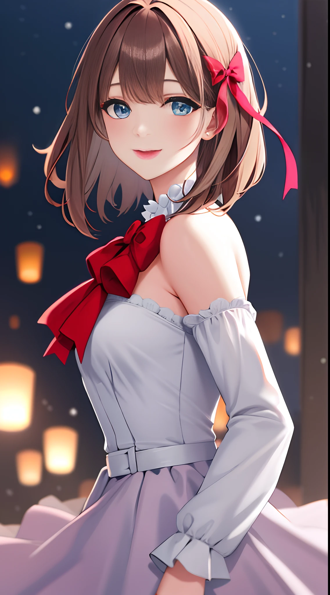(Extremely delicate and beautiful:1.2),1girll, bangs, Blue eyes, Blurry, The background is blurred out, bow, Brown hair, Closed mouth, From the side Side, hair between eye, Goodbye to hair accessories, hairstyles, lantern, Light particles, Long sleeves, view the viewer, Medium hair, Night, Red bow, Solo, Star \(symbol\), Upper body,Smile,Red lips