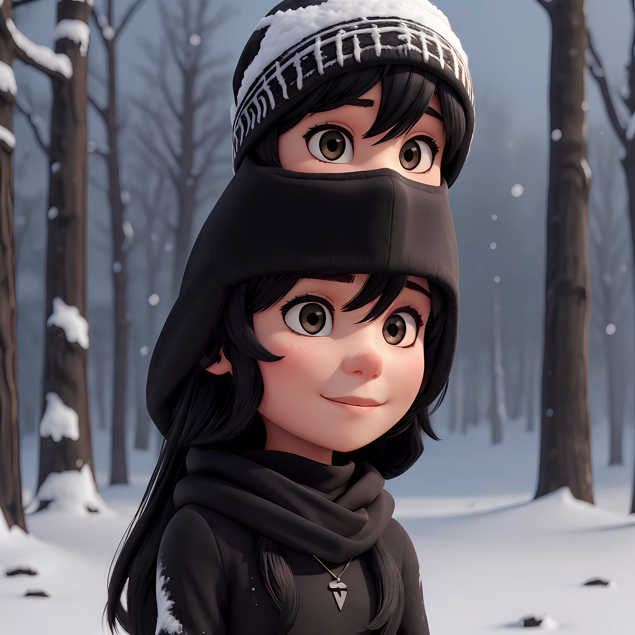 Girl with black long hair with bangs using black necklace in Russia in snow wearing black snow mask, black scarf, Black cap, black mask, black balaclava
