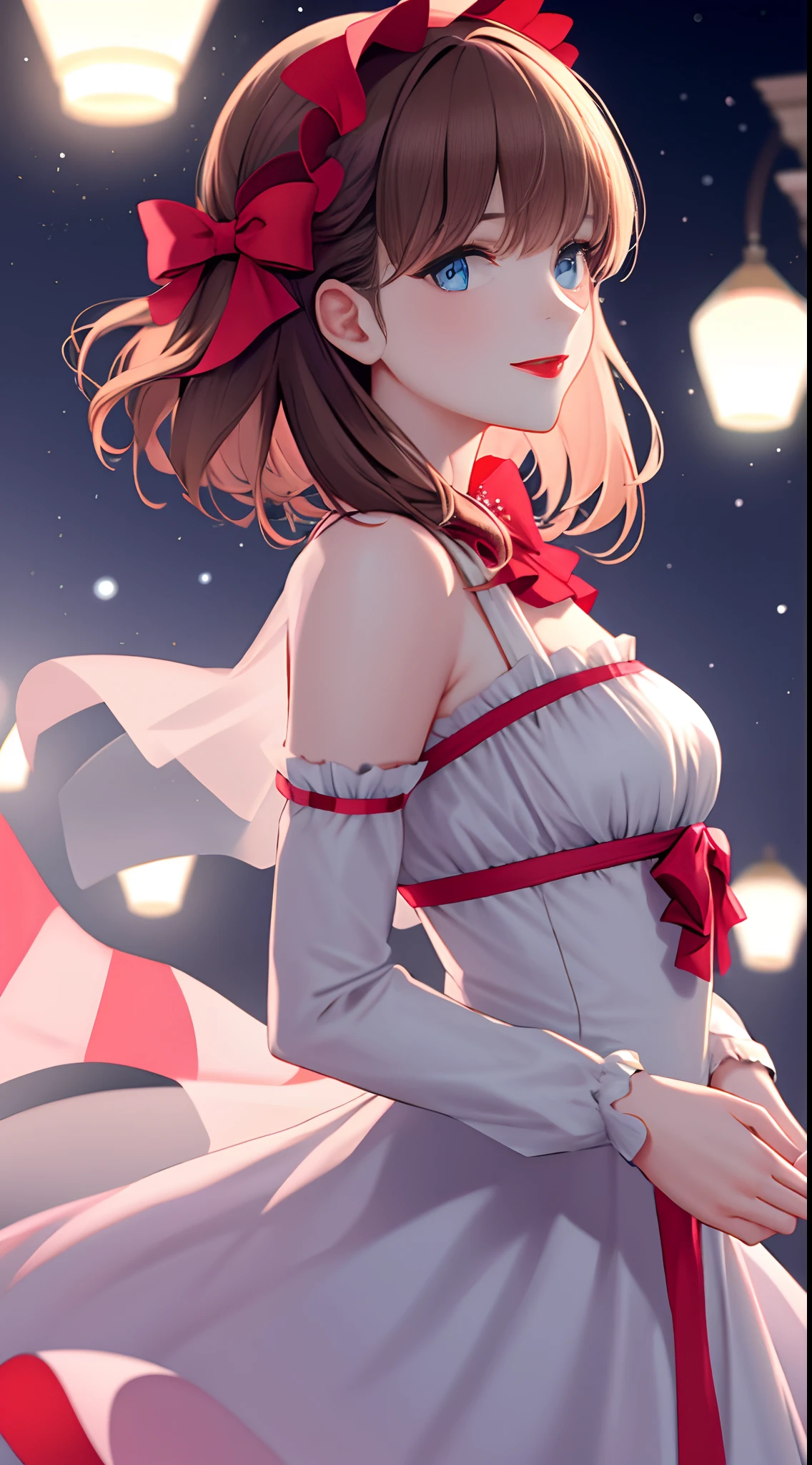 (Extremely delicate and beautiful:1.2),1girll, bangs, Blue eyes, Blurry, The background is blurred out, bow, Brown hair, Closed mouth, From the side Side, hair between eye, Goodbye to hair accessories, hairstyles, lantern, Light particles, Long sleeves, view the viewer, Medium hair, Night, Red bow, Solo, Star \(symbol\), Upper body,Smile,Red lips