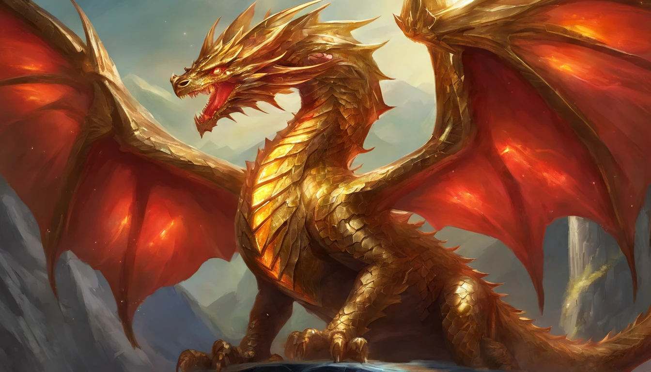 A metallic wyvern, gold wyrm, metallic dragon, Red gemstone spikes, jeweled wings