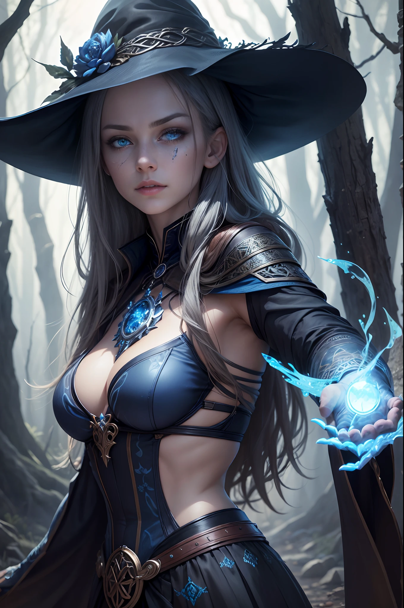 ((Best Quality)), ((masutepiece)), ((Realistic)), Celtic witch, Witch, artistic anatomic hands, Artistic anatomy, Glowing blue eyes, Female face, , Trending on ArtStation, Sharp Focus, studio photo, Intricate details, Very detailed, Detailed eyes, Illustration, Very detailed, Sharp Focus, a digital rendering, Professional, 8K Beautiful expression 超A high resolution real looking skin Colorful effect of the magic circle behind you,in woods,Super beauty(Jaws like the real thing)