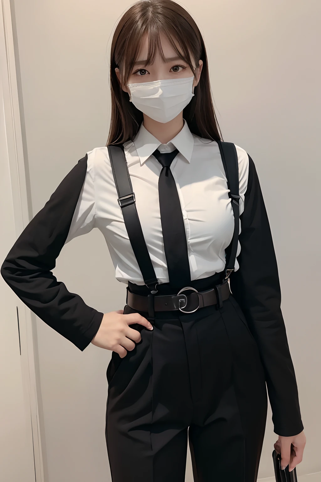 ​masterpiece、flat-colors、depth of fields、lens flare 1 girl、、Brown hair、watching at viewers　　　　a belt　black suspenders　Social OL　　　huge-breasted　　　 　 Armpit sweat　perspiring　Side of both hands　　walls: Black Suit　Black pants, Black jacket holster　arm　Leg holster　arm　Knife Carrying　arma　Gaze　　No tie　tiarra　No bangs　Small face　masks