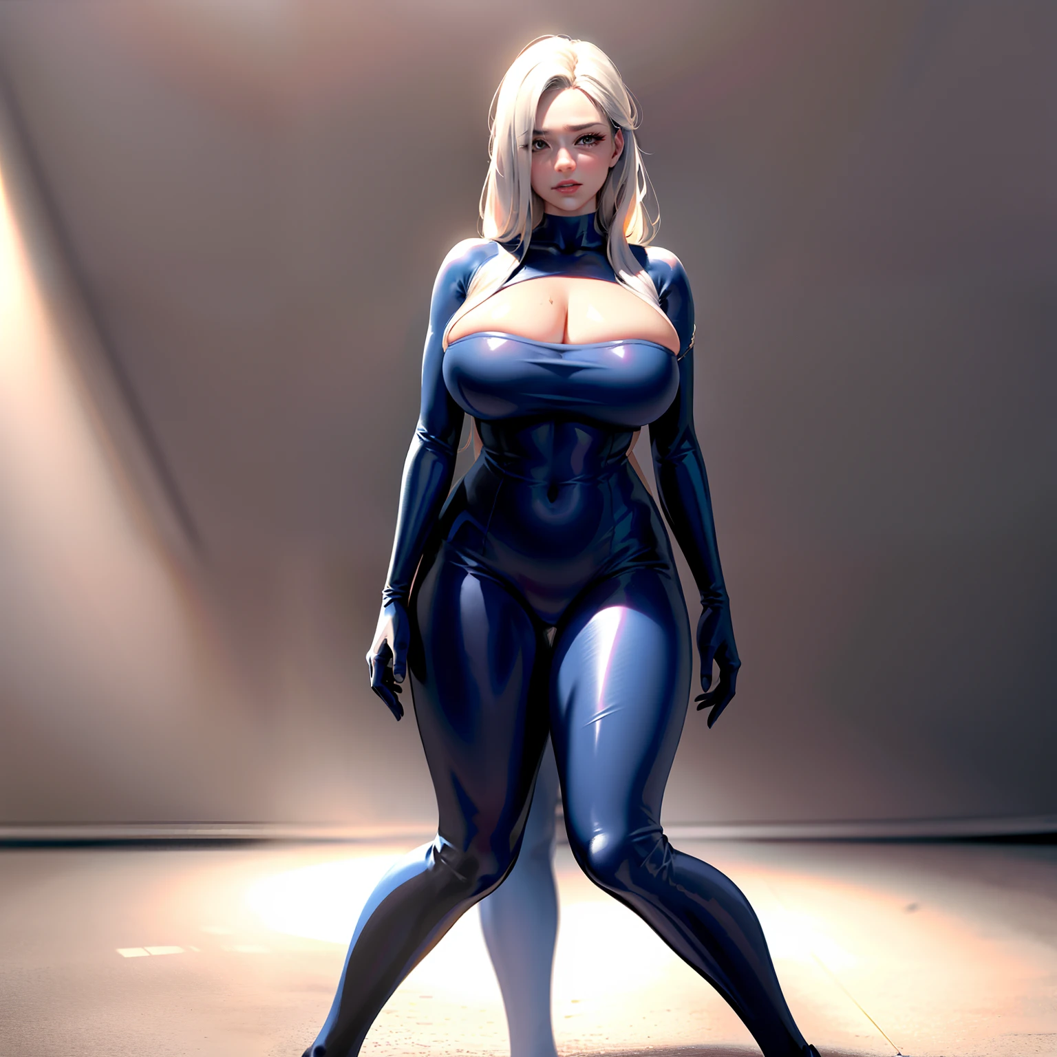 Ultra-realistic 8K CG，Flawless face，flawless perfection，，full bodyesbian，tightsuit，latex body suit，Standing on the ground，poster for，huge tit，Huge breasts，A sagging breast，long leges，Slim，being thin，tightsuit，super gigantic breasts，Swollen chest，exposing your navel，revealing breasts，Be red in the face，is shy，Frontal photo，（（gigantic cleavage breasts：1.5））