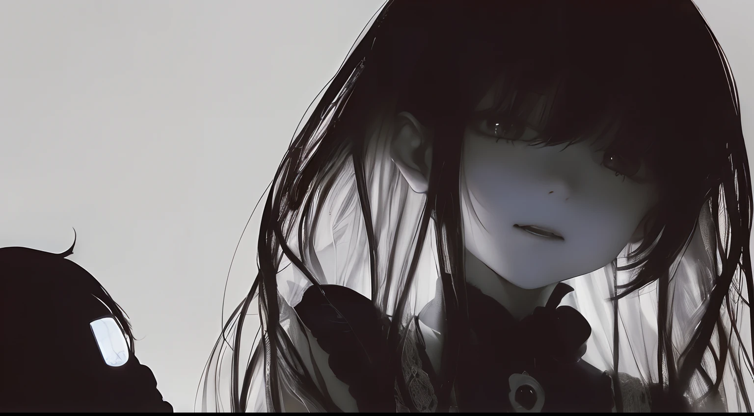 (a very delicate and beautiful）、girl with、child、（Maniacal）、The human、Gamine、Disgusting、canny、terrifying、独奏、（silhuette）、（、dark backgrounds、Black figure、（silhuette）、skinny  body、The long-haired、Hollow parts、Black、