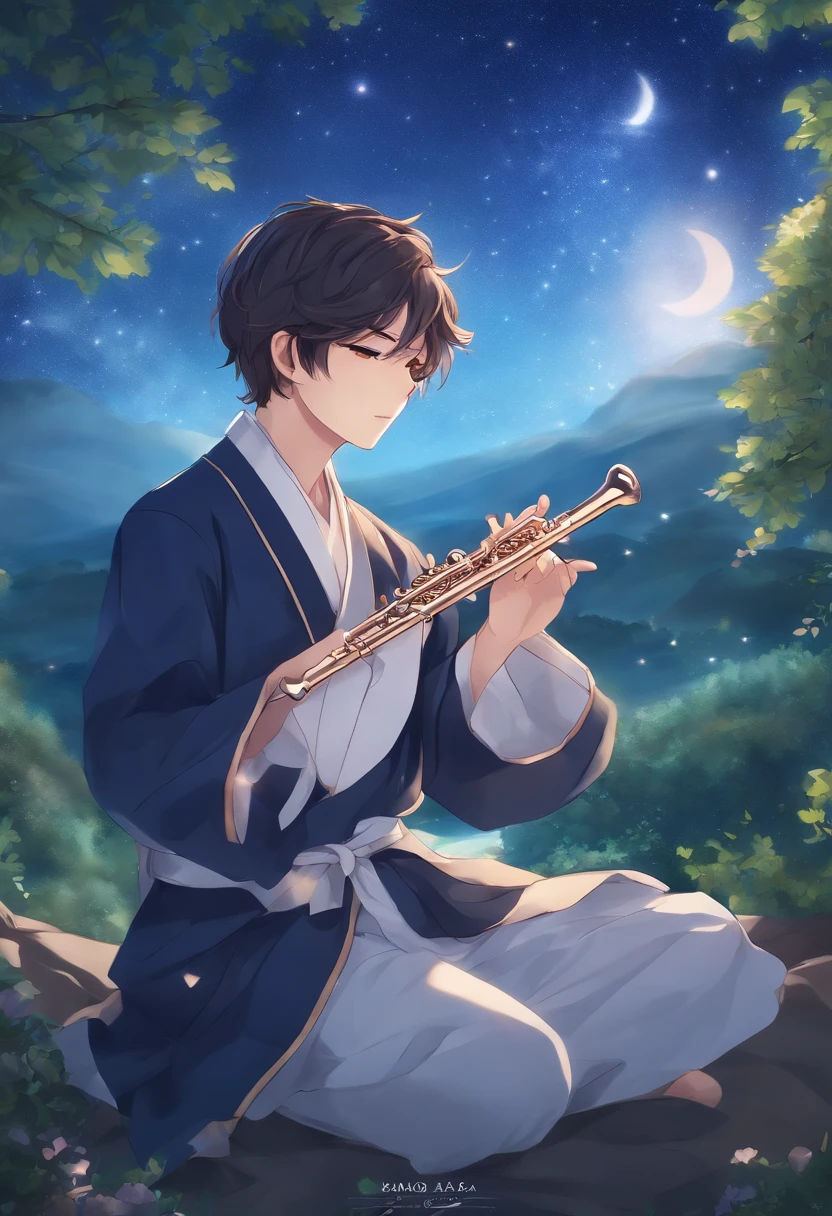 Anime boy playing flute in a starry sky,Inspired by Toji Omura,An anime cover,Accurate portrayal,High-quality fans,Inspired by Masanobu Omura,Focus on the art of animation,Kamisaka Saika,inspired by Kamisaka Sekka,Official fan,Otaku people,The color of the clothes is a romantic recolor,The background is mainly blue