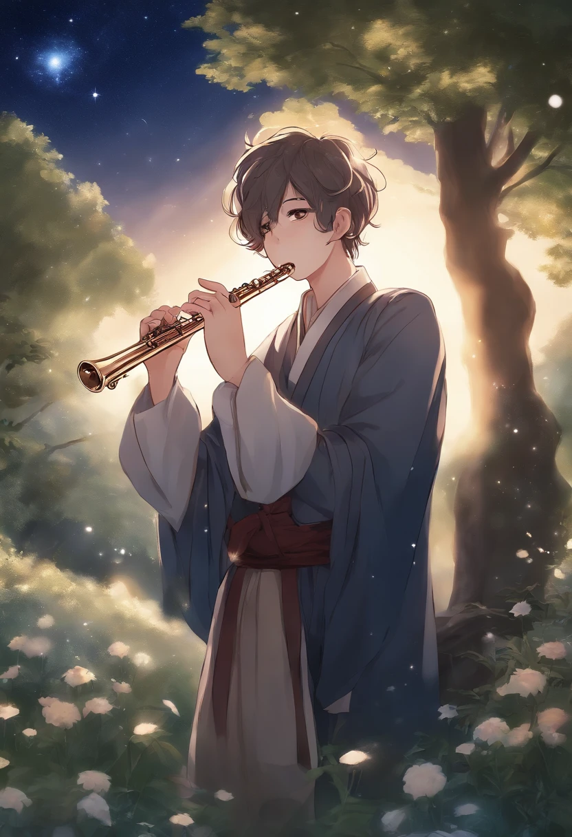 Anime boy playing flute in a starry sky,Inspired by Toji Omura,An anime cover,Accurate portrayal,High-quality fans,Inspired by Masanobu Omura,Focus on the art of animation,Kamisaka Saika,inspired by Kamisaka Sekka,Official fan,Otaku people,The color of the clothes is a romantic recolor,The background is mainly blue