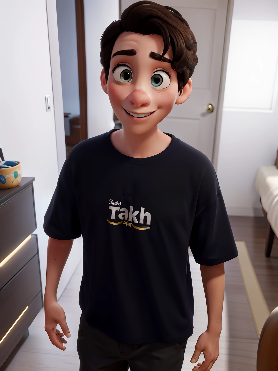 obra prima, Um retrato de um belo jovem, elegante, rosto bem iluminado, aproximadamente 13 anos, cabelos pretos liso, Rounded face Stunning ultra definition details, pele branca, olhos pretos, Black t-shirt in black color in high definition, Enhancing your high-definition white skin with cinematic lighting, profesional lighting, studio illumination, Estilo Pixar, Disney, olhos castanhos e puxados, Pixar style in high definition pixar style, Disney in Ultra Definition, Ao fundo, Blur some trees, profesional lighting;, with high-definition colors and details, qualidade 8K ultra-detalhada