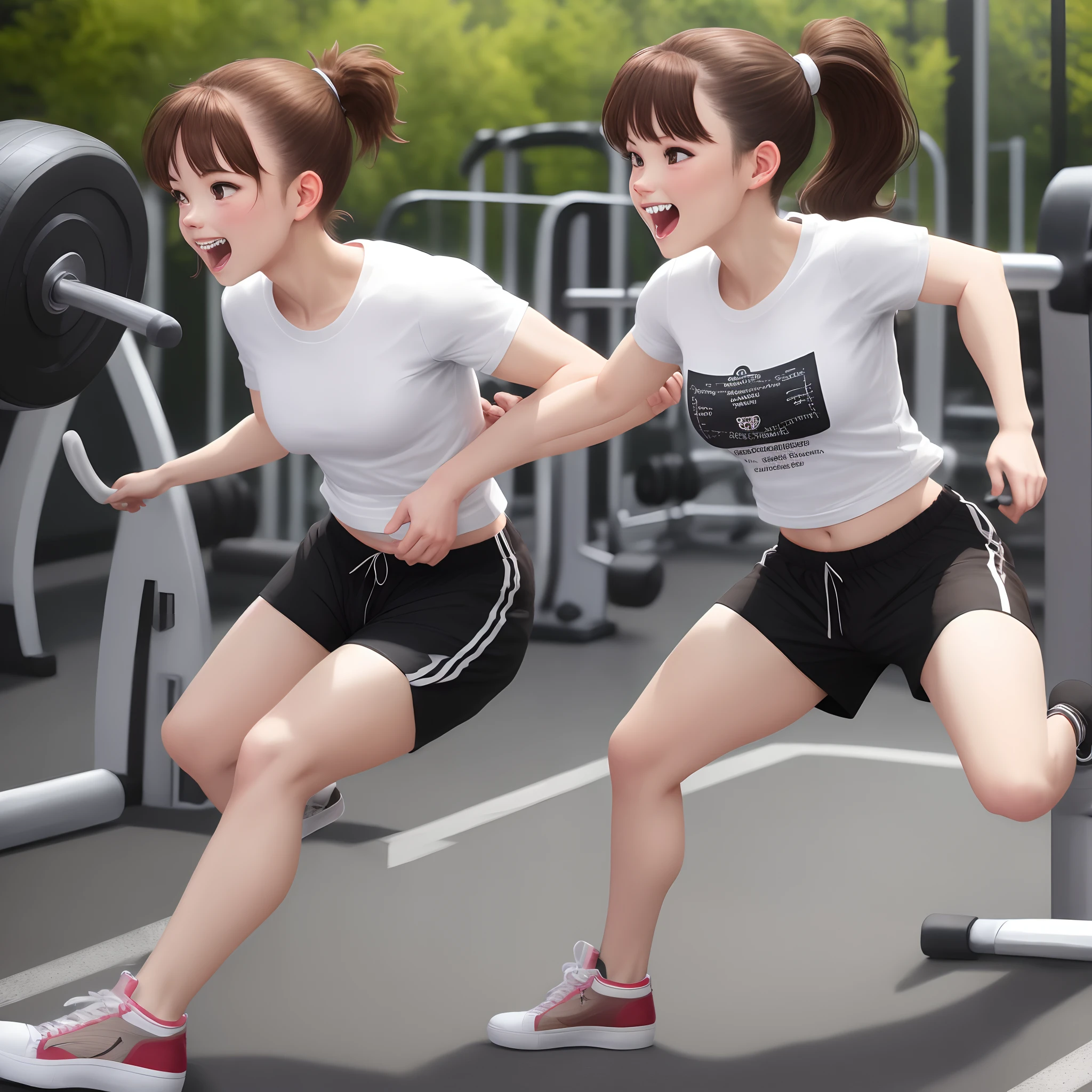 White t-shirt, black gym shorts, sneakers, grinding teeth, brown hair, ponytail, exposed ,