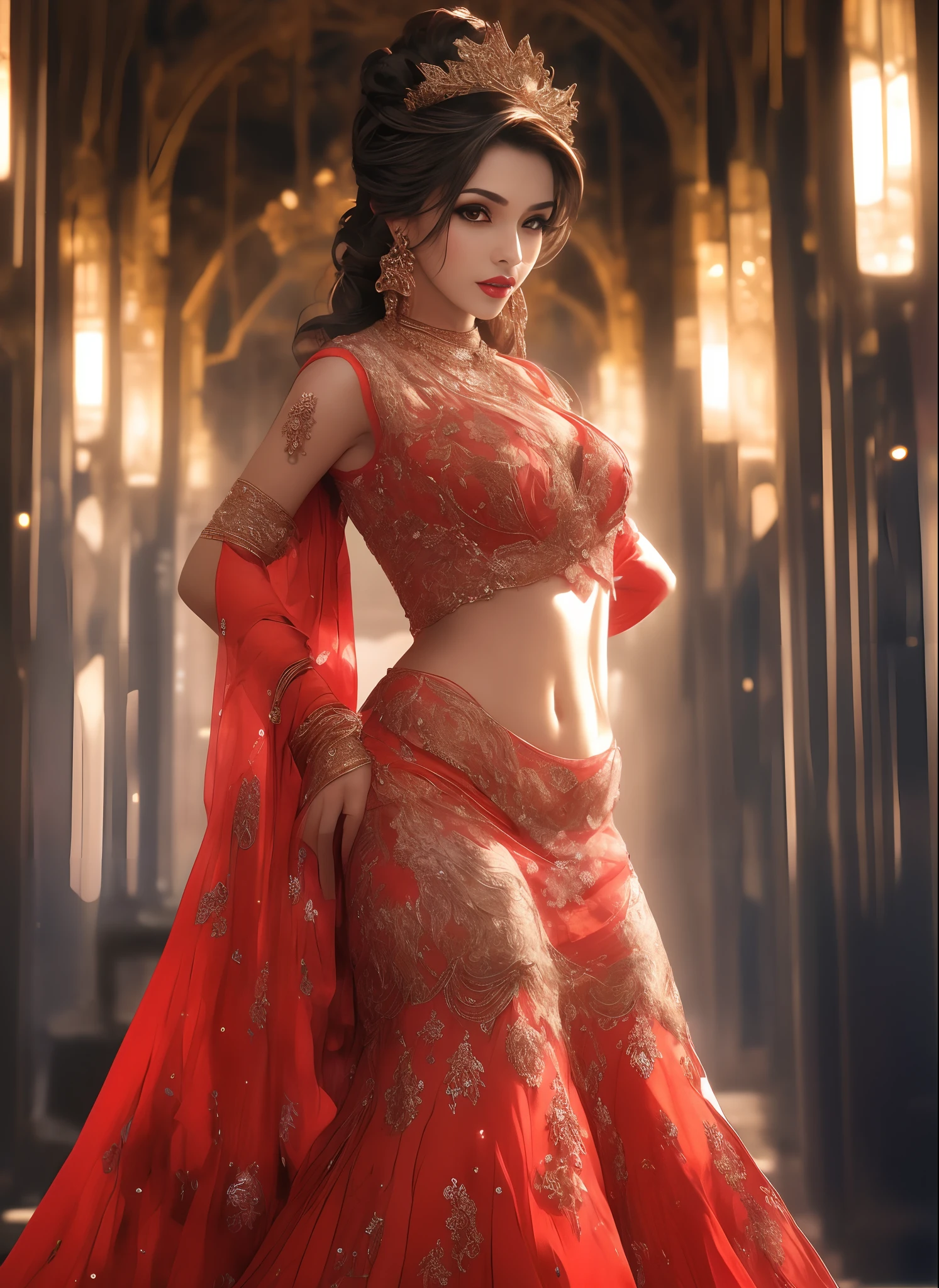 ,masterpiece, top quality, 8K, real person, realistic, very dense CG, shiny skin, fully focused, radiant, A beautiful Arabic belly dancer, seductive look, wearing a bicini  , bold clothes, bold  environment,, cinematic look red lips,bold and majestic look,, wearing a loose top, stylish design, mesmerizing look,bold and majestic look, Background royal palace, beautiful and elegant lady