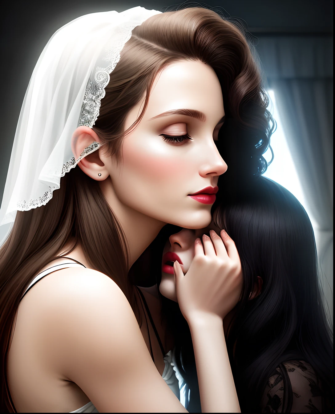 The woman kisses the other herself