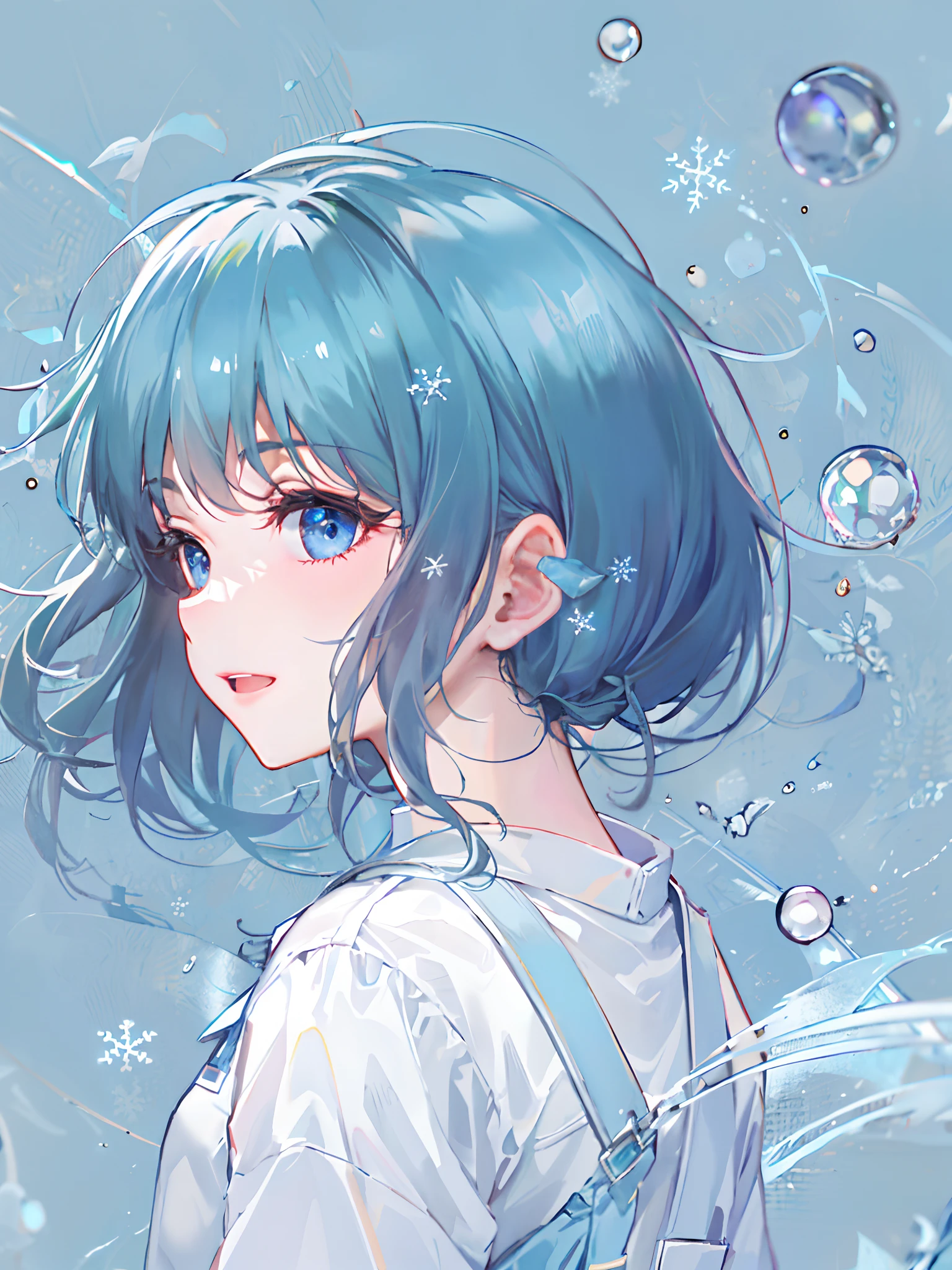 ((top-quality)), ((masterpiece)), ((ultra-detailliert)), (Extremely delicate and beautiful), girl with, 独奏, cold attitude,((Black jacket)),She is very(relax)with the(Settled down)Looks,A dark-haired, depth of fields,Evil smile,Bubble, under the water, Air bubble,bright light blue eyes,inner color with bright gray hair and light blue tips,,,,,,,,,,,,,,Cold background,Bob Hair - Linear Art, shortpants、knee high socks、White uniform like school uniform、Light blue ribbon ties、Clothes are sheer、Hands in pockets、Bright eyes like sapphire,Fronllesse Blue, A small blue light was floating、Upper Eyes、glass shards、Snowflake Hair Ornament, Halloween