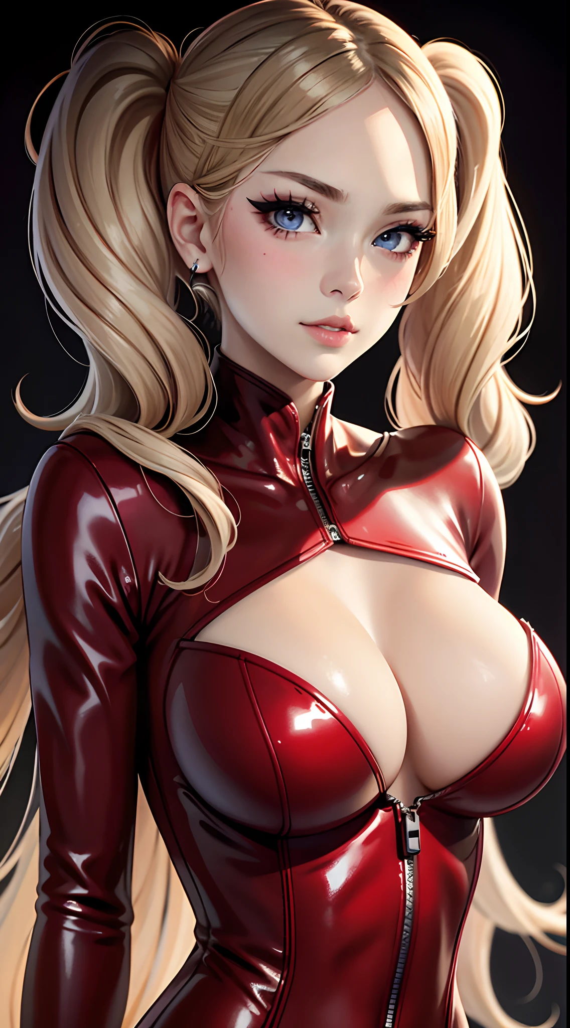 (​masterpiece、top-quality:1.5), face only portrait, zoomed in face, face photo, detailed face, nice hand, glossy blush, full detailed lips, eyebags, eyelashes, small glossy nose, dual blonde ponytails, upper body portrait, very detailed face, HD 4K photo, shading, perfect detailed blue eyes, ((Ann Takamaki)), tight red latex jumpsuit, red gloves, huge breasts, cleavage, black dark background, dim lighting, huge big breasts, pointy breasts, slim waist,