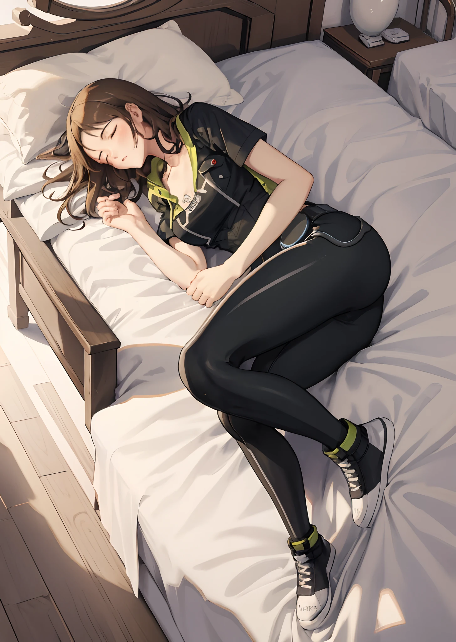 masterpiece, bset quality, realistic, 1girl, (PureErosFace_V1:0.7),  (8k, best quality), shirt, jeans,unconscious, closed eyes, sleeping, full body, bed, bedroom, lay on bed