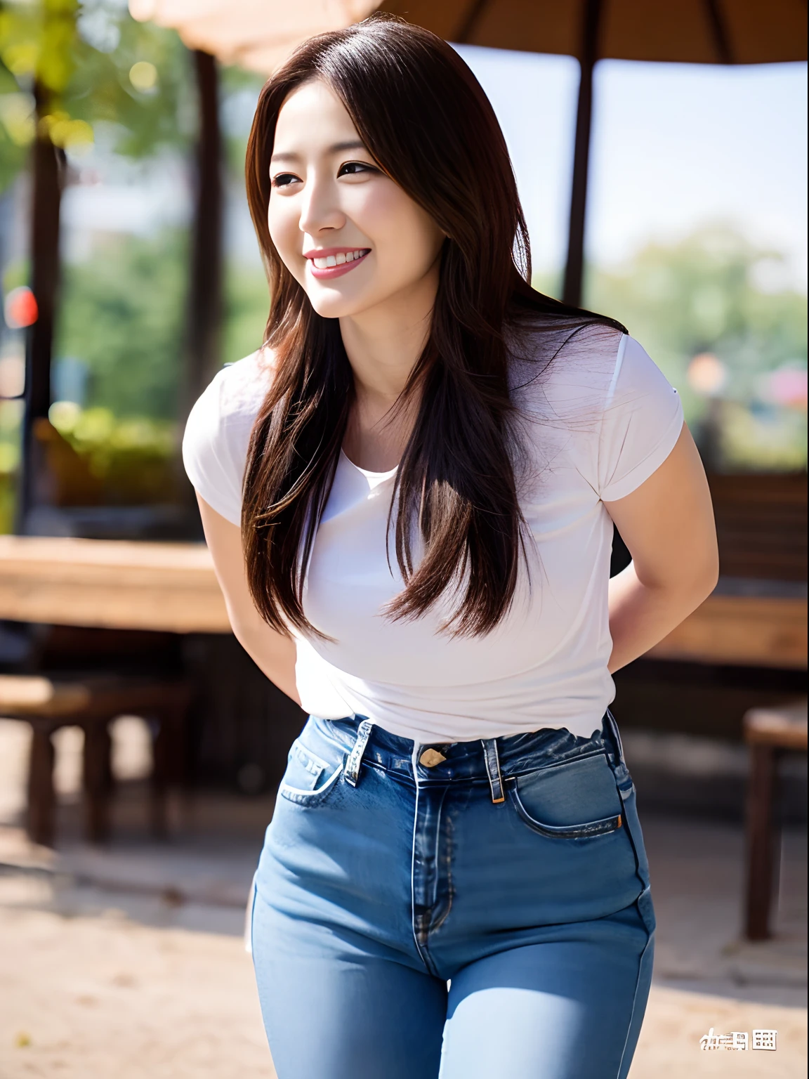 (8K、RAW Photos、top-quality、masterpiece:1.2)、(realisitic、Photorealsitic:1.37)、1人、japanes、20yr old、femele、during daytime、a park、natural soft light、photon maping、Radio City、dark brown hair、((Angle from below))、(full body Esbian)、详细的脸、Detailed lips、detailedeyes、More skin、bulky figure, Huge frame, thick neck, Sturdy arms, powerful legs:1.4,(Tight shirt)、(Tight jeans pants)、perfectbody、shinny skin、Vibrant poses、cowboy shot、A smile、Make eye contact with the camera